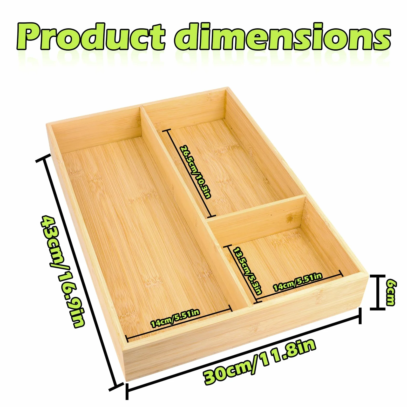 Drewniany stojak na sztućce 43x30x6 cm bambusowa taca organizer z 3 przegródkami do szuflady kuchennej