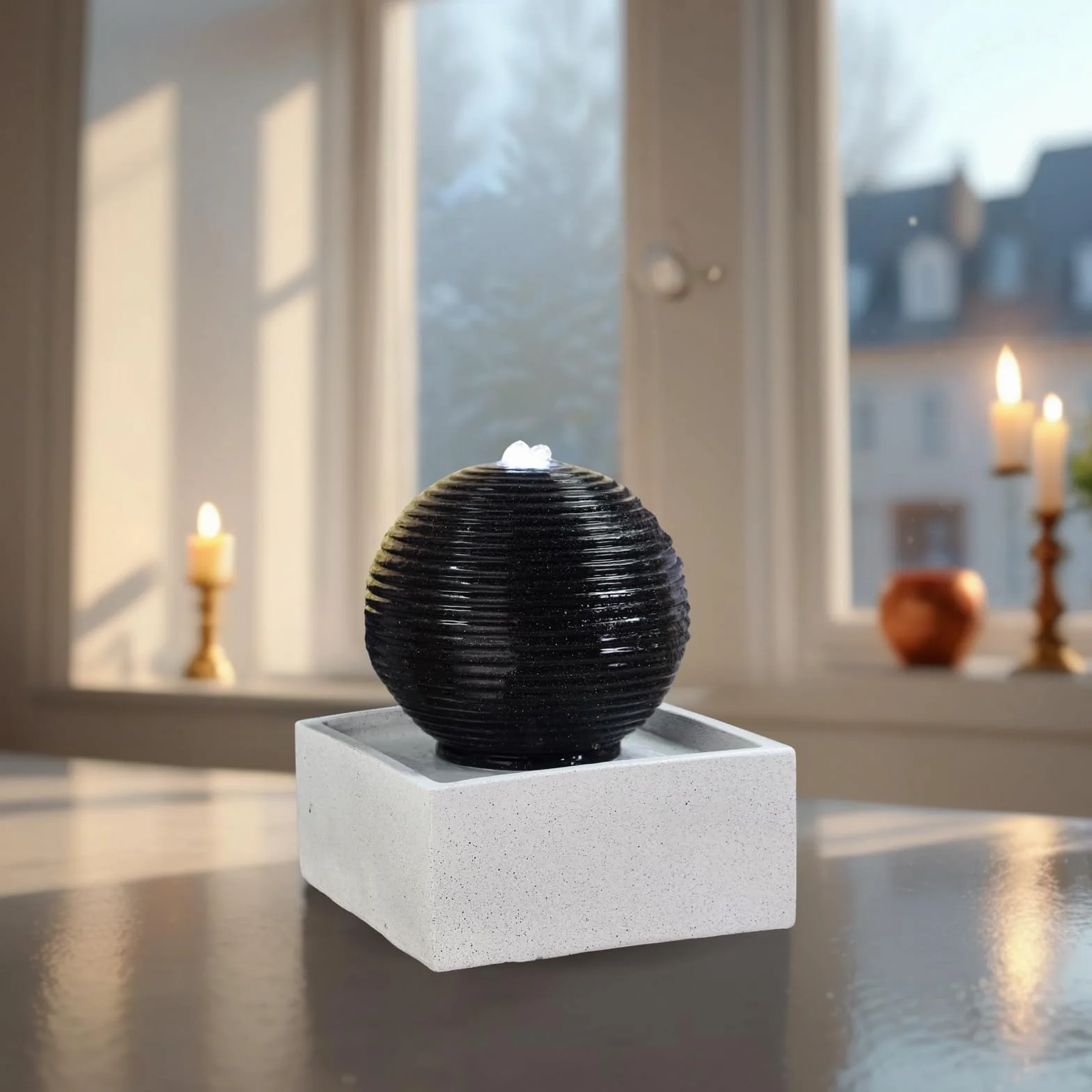 Nowoczesna fontanna wewnętrzna i zewnętrzna biała LED, relaksująca dekoracja stołu, pomysł na prezent na specjalne okazje, wys. 34 x 30 x 30 cm - Bonny Zen'light, szara