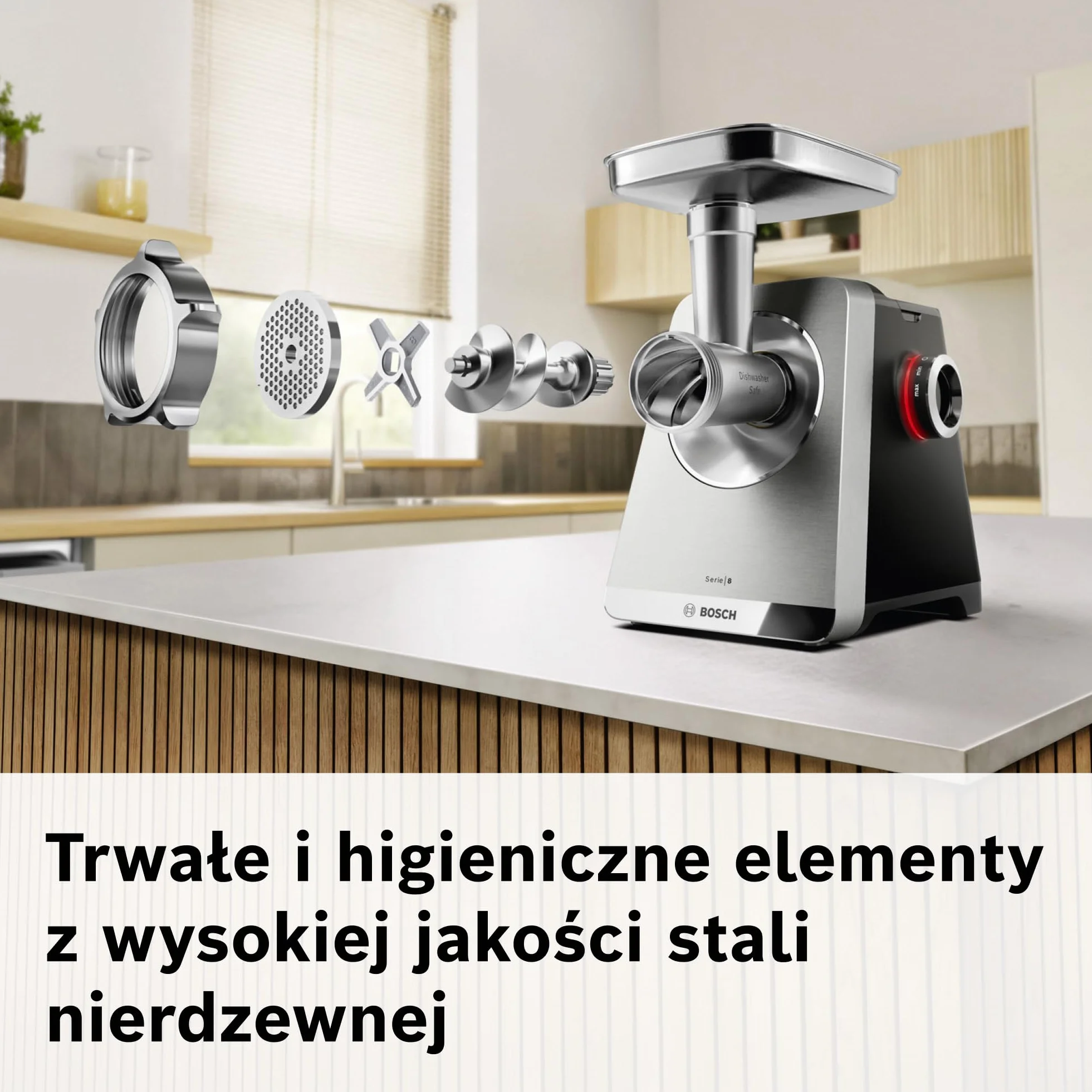 Bosch, MultiPower Serie 8, maszynka do mielenia mięsa, moc blokowania silnika do 2500 W, młynek do mięsa, nasadka do kiełbas i kebbe, czarna, MFWS820M