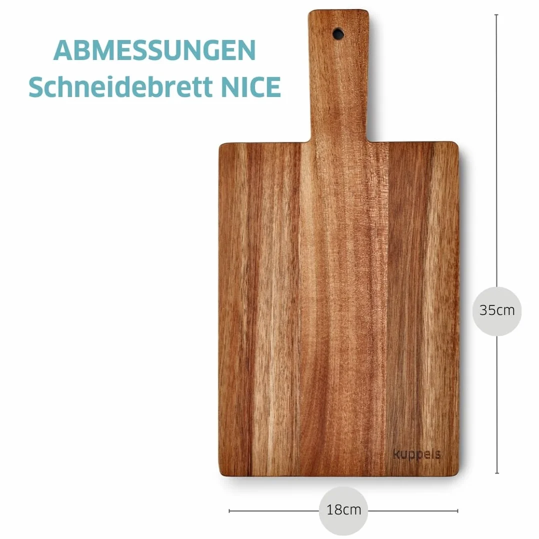 Kuppels NICE Deska do krojenia z drewna akacjowego, 35 x 18 x 1,5 cm, z uchwytem, nie niszczy ostrzy, drewniana deska do krojenia, deska do serwowania, deska do serwowania, drewniana deska do krojenia