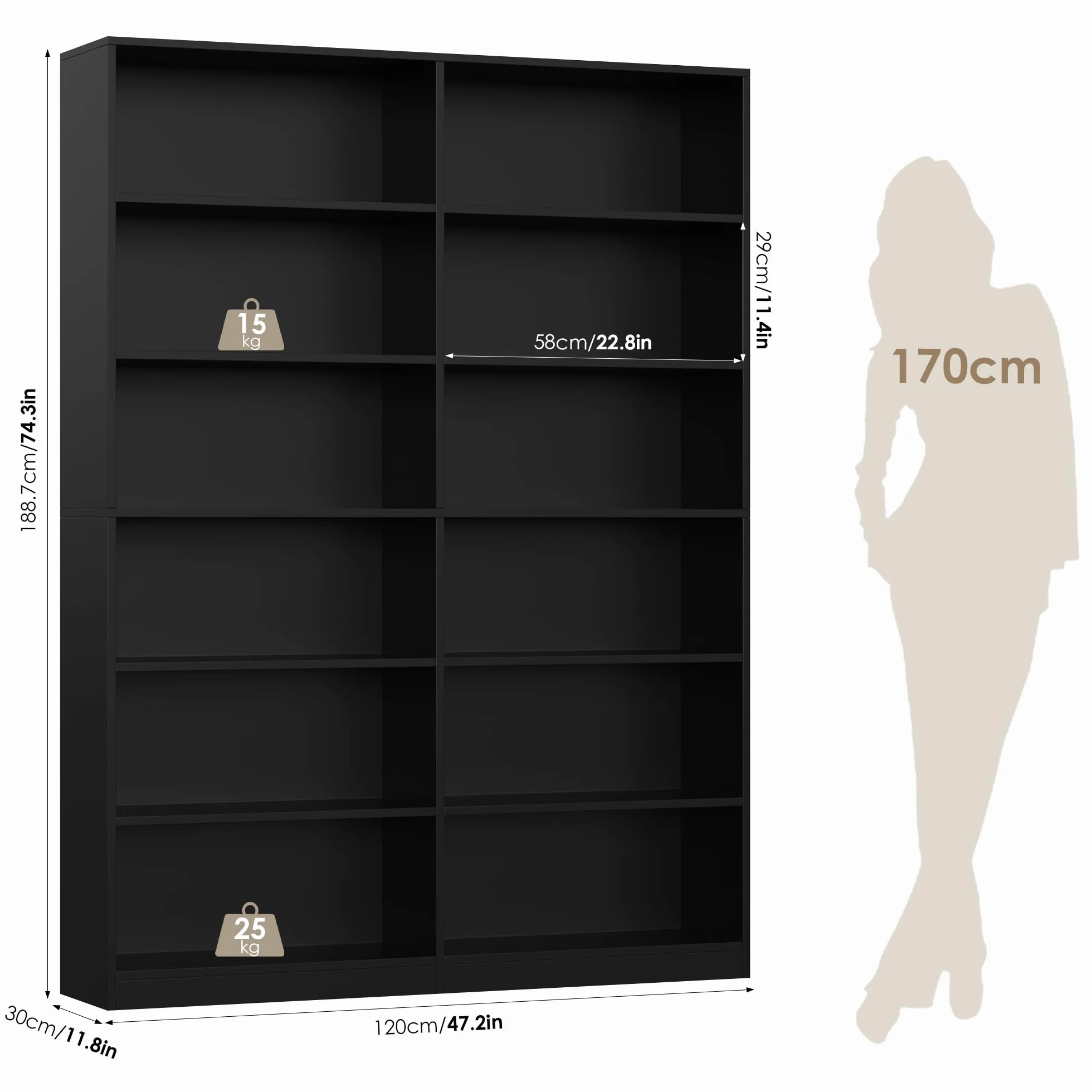 FirFurd Regał na książki z 12 przegródkami, szafka na książki, regał stojący, regał do przechowywania do salonu, biura, kuchni 120 x 30 x 188,7 cm, kolor czarny