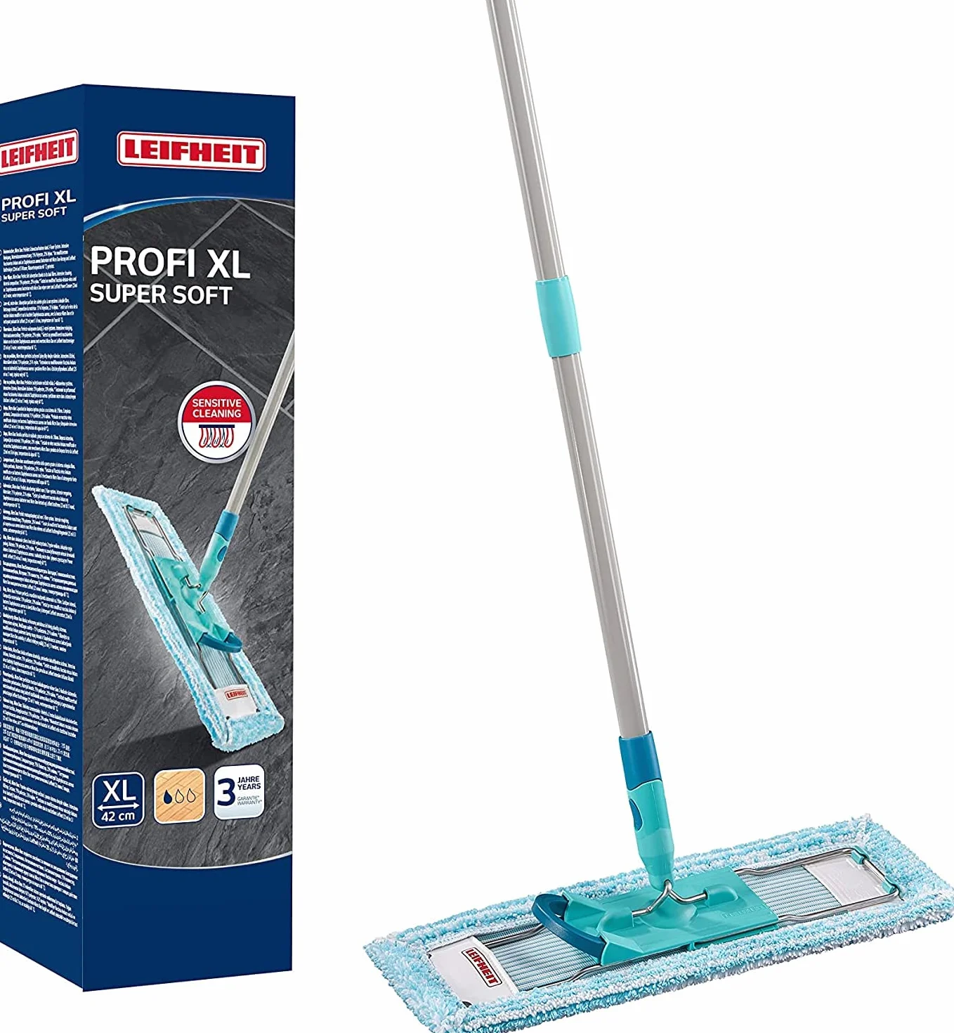 Leifheit Wycieraczka podłogowa Profi XL chroniąca plecy super miękka, stalowy trzonek 146 cm, mop z kliknięciem nożnym, nakładka do parkietu i korka, przegub obrotowy 360°, system zatrzaskowy, karton