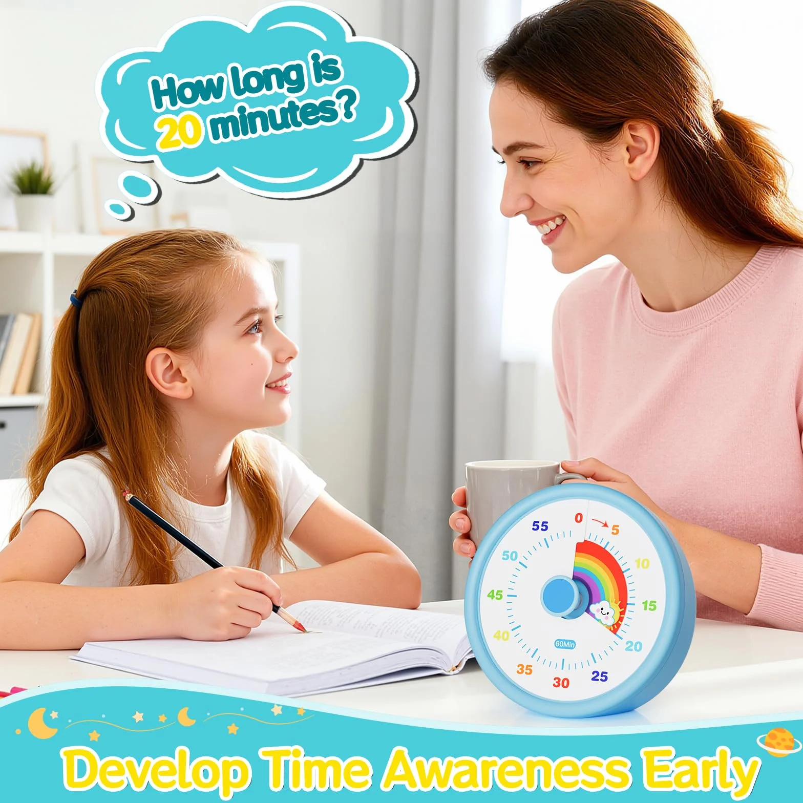 Wizualny Timer dla Dzieci 60 Minut - Cichy Minutnik z Tęczą - Zarządzanie Czasem dla ADHD, Nauki i Szkoły (Niebieski)