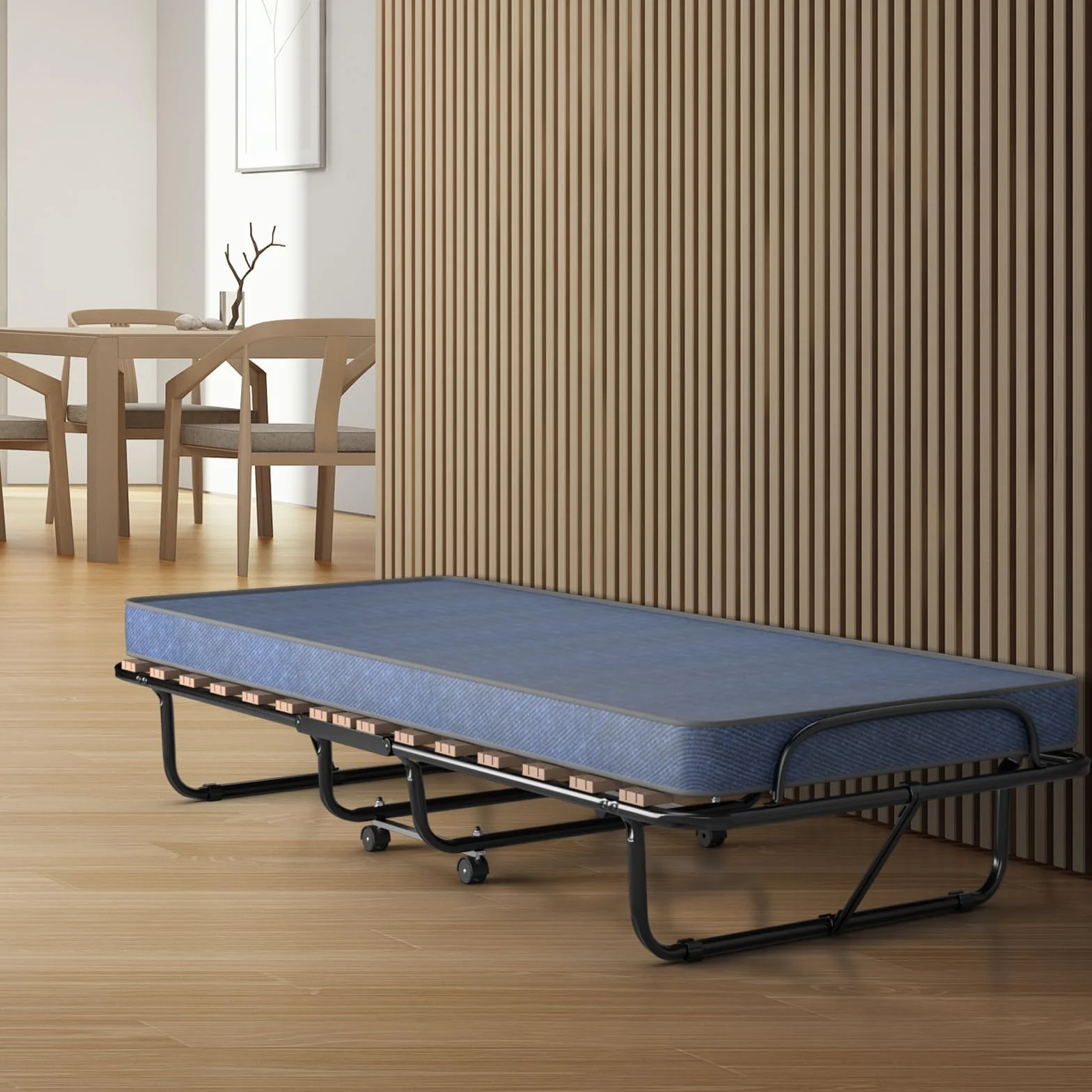 COSTWAY Łóżko dla gości 80 x 190 cm z materacem z pianki memory, składane łóżko pojedyncze, stabilne metalowe łóżko do 130 kg, na kółkach, do biura, pokoju gościnnego, łóżko przenośne (niebieskie)