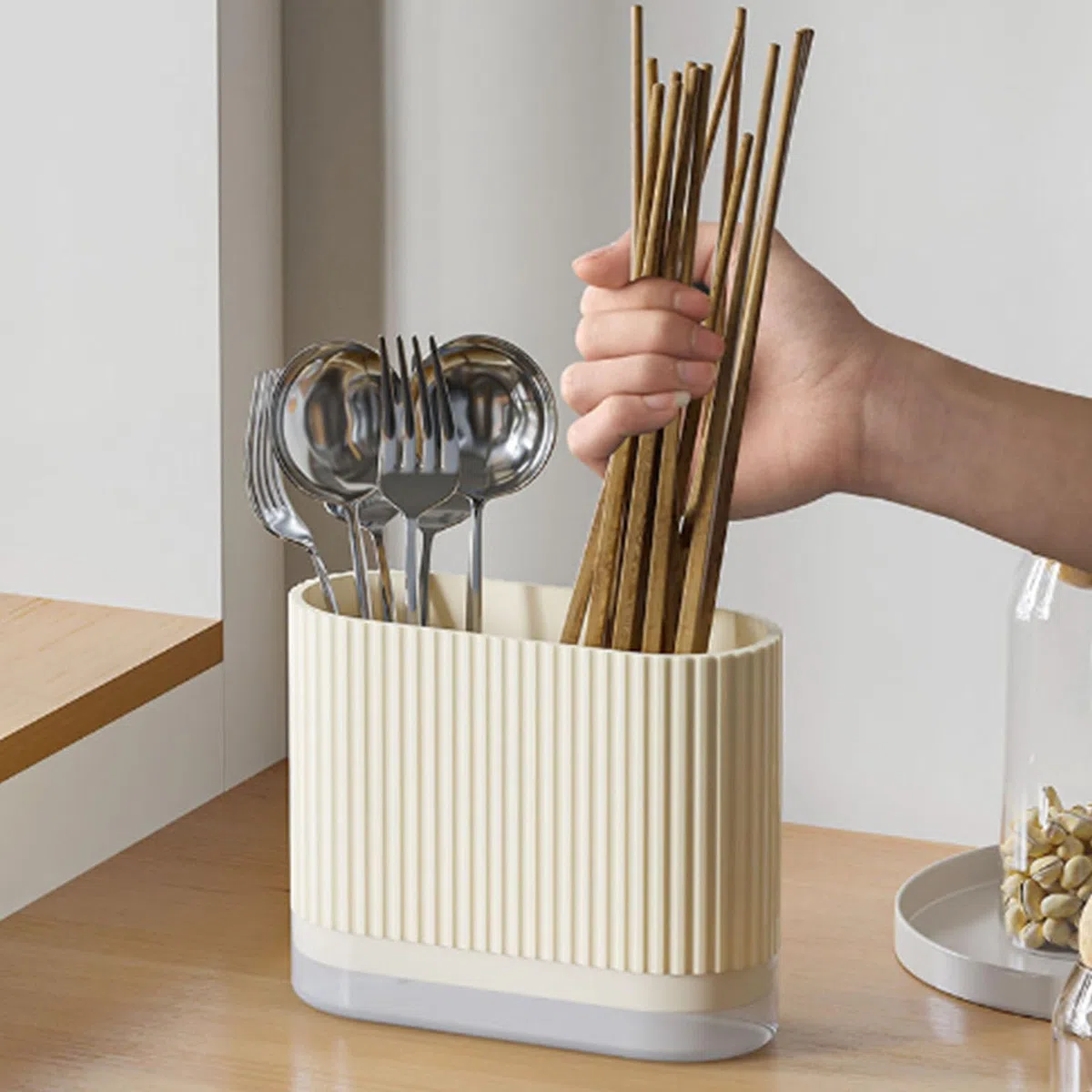 Beżowy Plastikowy Uchwyt Na Przybory Kuchenne, Ociekacz Na Sztućce Kuchenne Uchwyt Na Przybory Kuchenne Pastowalny Uchwyt Na łyżki Do Domu 13,7 X 16,5 X 8 Cm