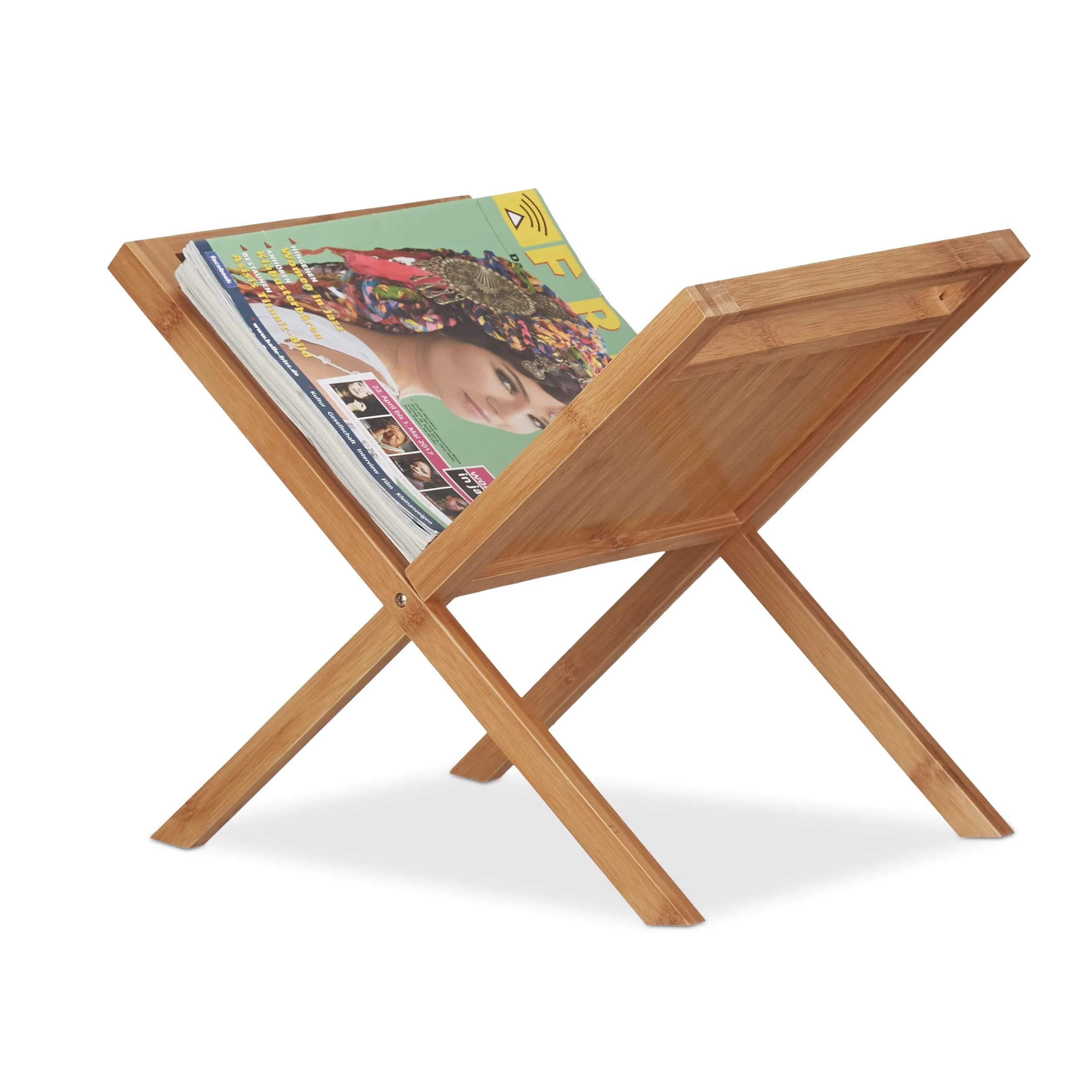 Relaxdays Stojak na gazety z bambusa, półka, kolekcjonerski, uchwyty do noszenia, poręczny, zajmuje mało miejsca, stojący, DIN A4, DIN A5, naturalny