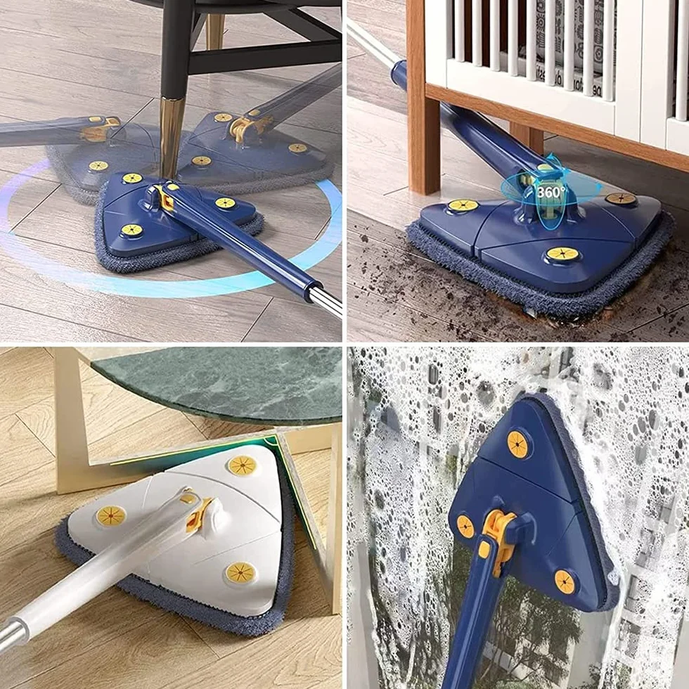 Obrotowy, regulowany mop do czyszczenia 360 °,nowy trójkątny mop do czyszczenia z funkcją automatycznego wyciskania wody,wielofunkcyjny wysuwany mop do czyszczenia ścian,mokry i suchy (Niebieski)