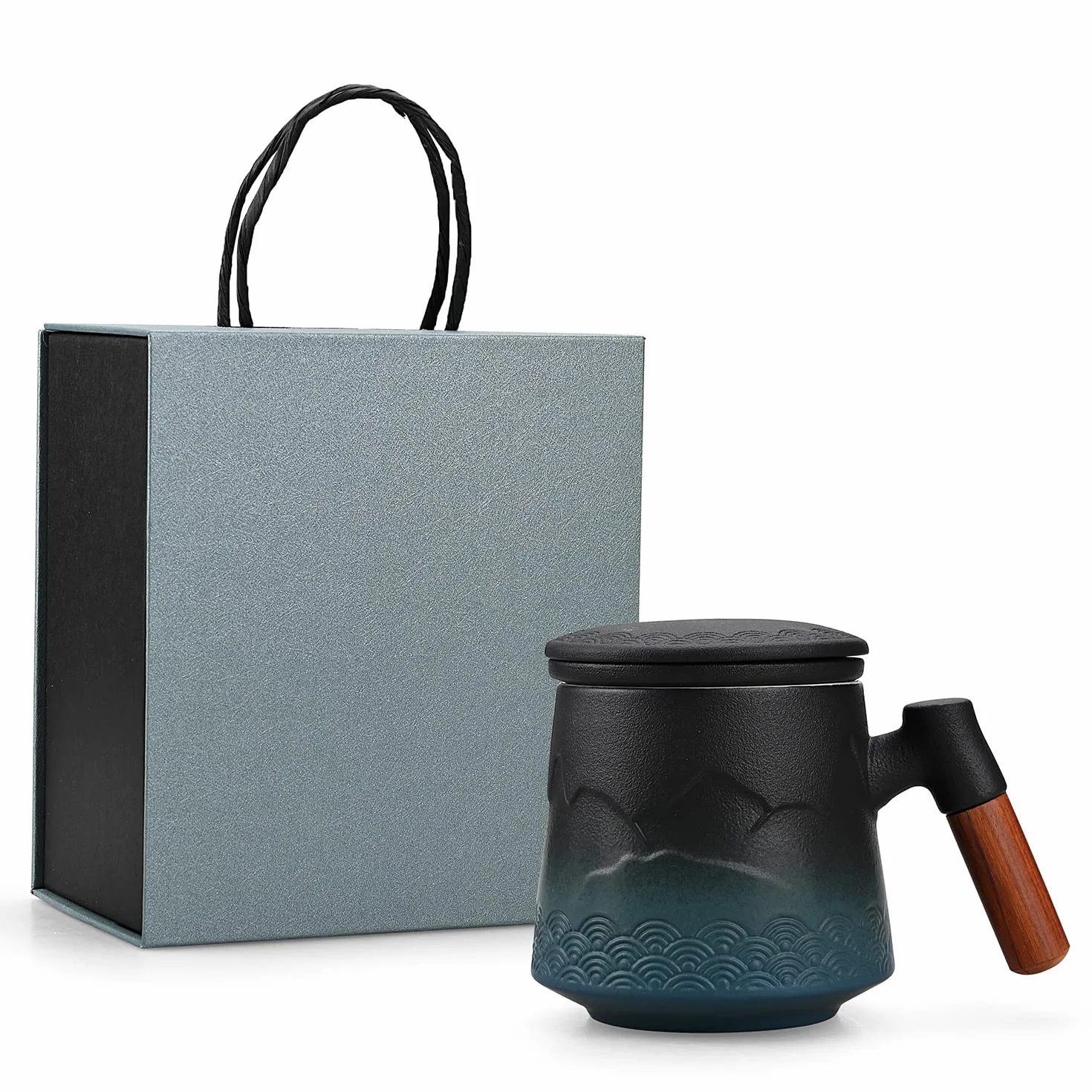 Filiżanka z zaparzaczem i pokrywką, kubek do herbaty stopniowej z zaparzaczem i drewnianym uchwytem, ceramiczny kubek do kawy z pokrywką herbata 430 ml / 15 uncji (gradient niebieski)