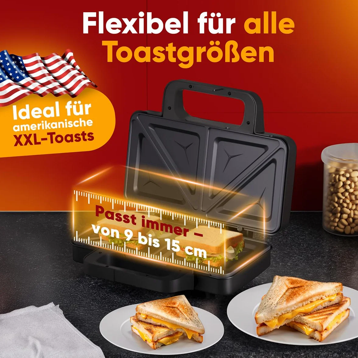 ProfiCook® Opiekacz do kanapek XXL | Bardzo duże płyty na kromki chleba | Powłoka nieprzywierająca | 900 W | PC ST 1315