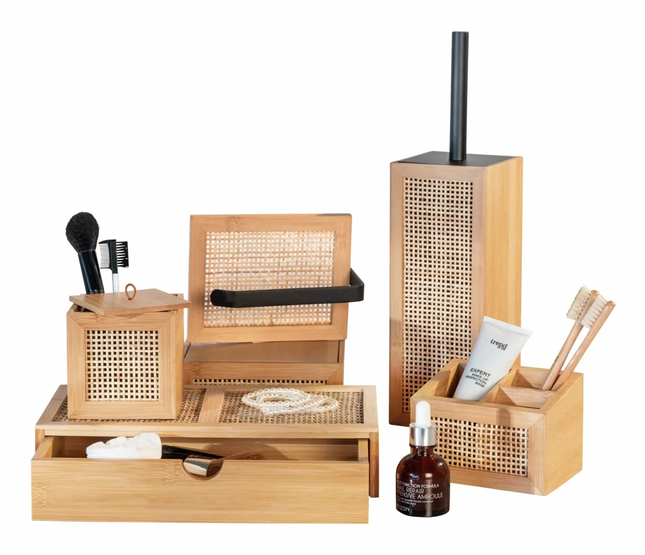 WENKO Pudełko łazienkowe Allegre 12 x 8,5 cm bambus rattan boho z przegrodami