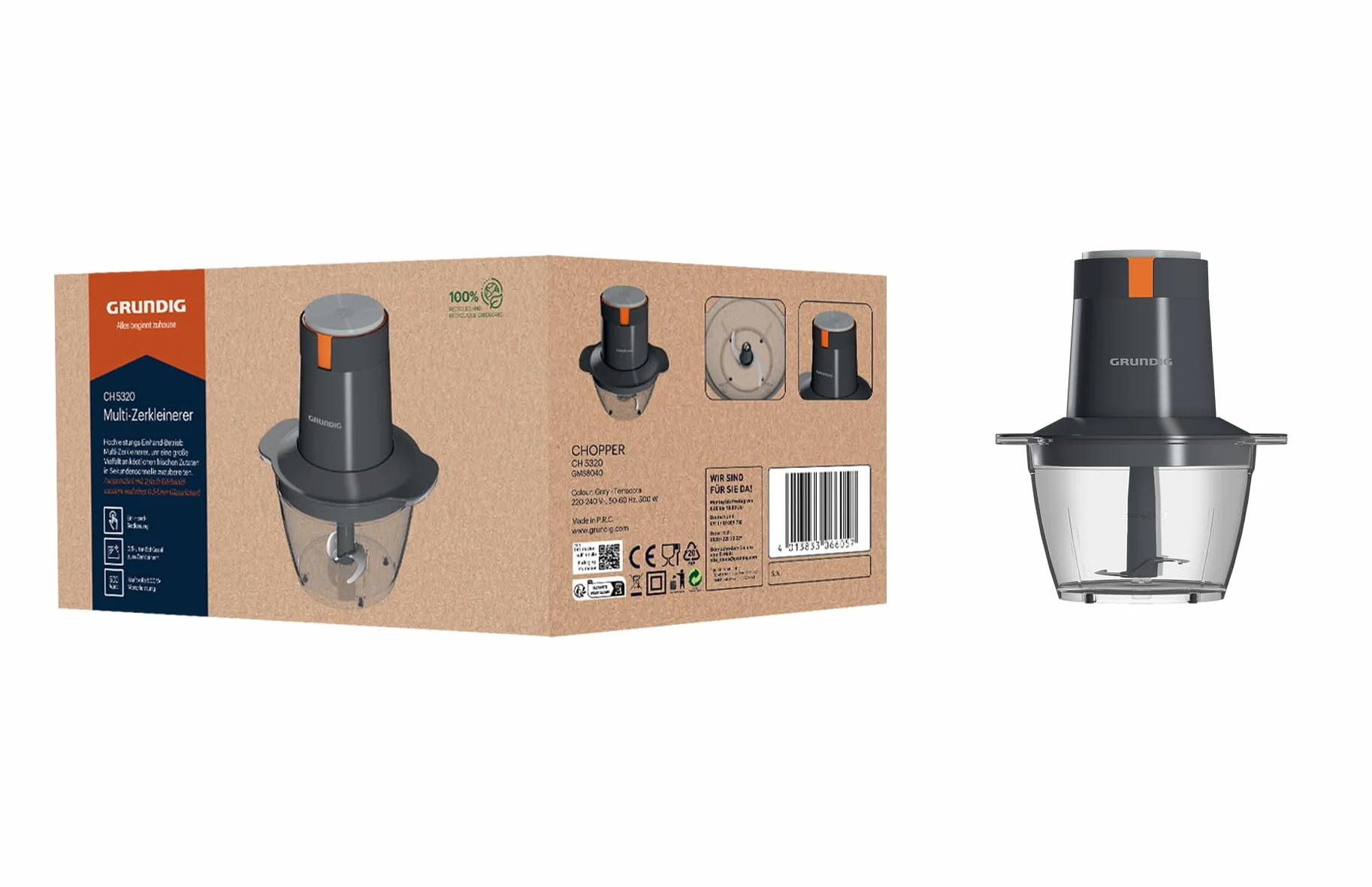 Grundig CH 5320 rozdrabniacz, 500 W, 2 noże ze stali nierdzewnej, szklany pojemnik 0,5 l, 2 stopnie, podkładka antypoślizgowa, obsługa jedną ręką, blokada bezpieczeństwa, szara/terakota