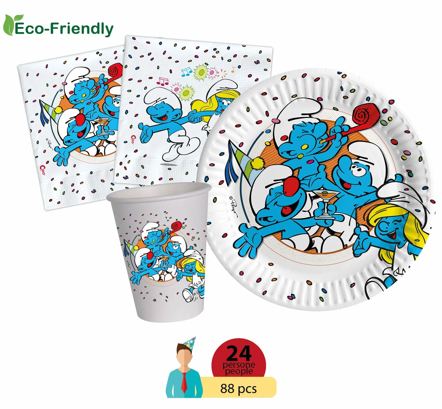The Smurfs Party Tableware Set for 24 People 88 pcs Eco-Friendly Compostable Paper