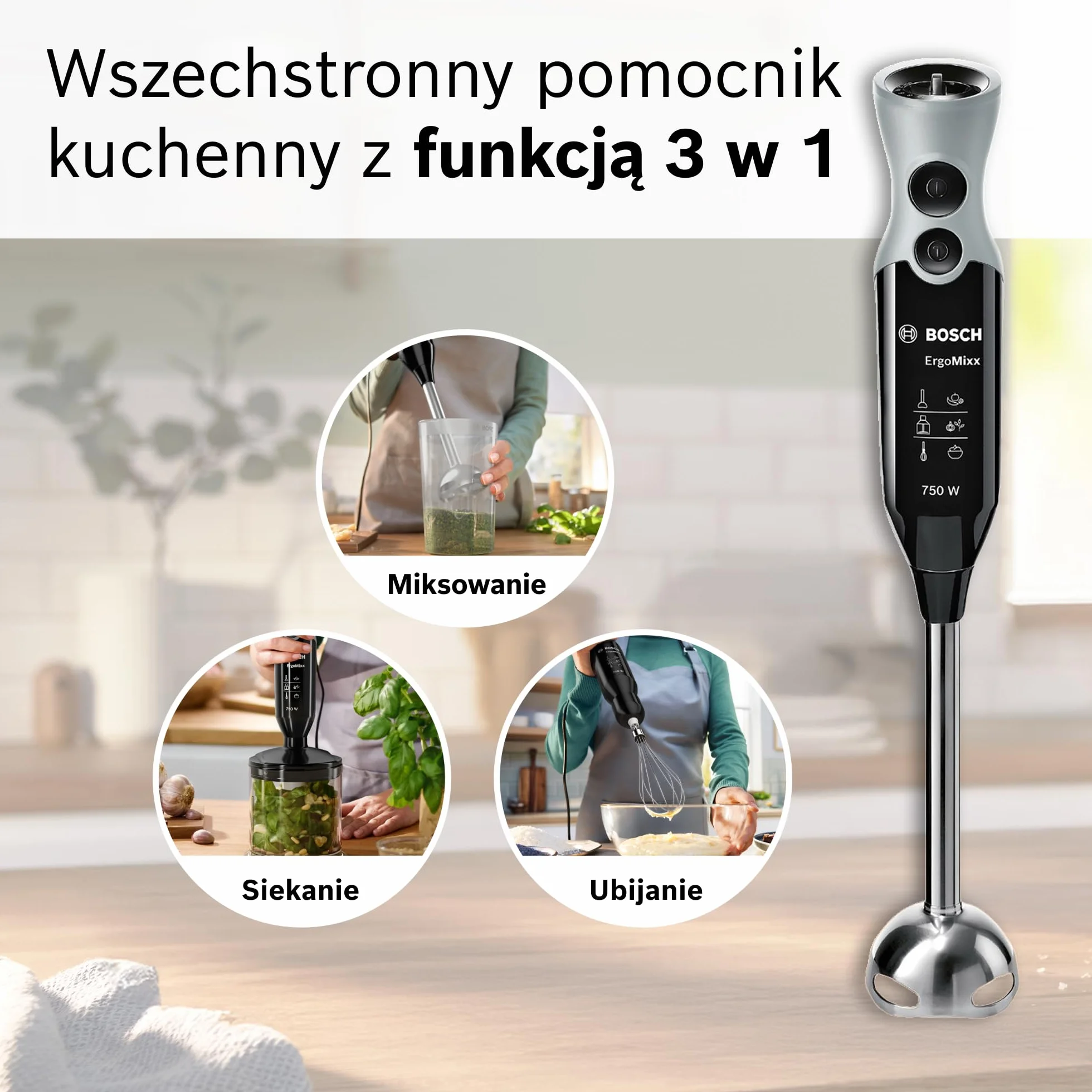 Bosch, blender ręczny, ErgoMixx, silnik 750 W, 12 prędkości i funkcja turbo, rozdrabniacz, trzepaczka i pojemnik, czarny, MSM67160