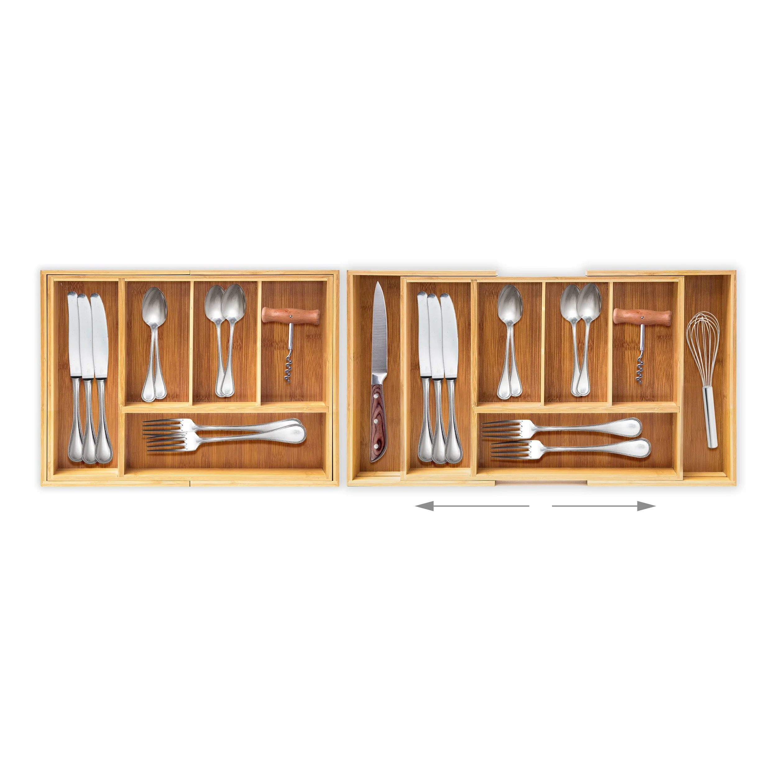 Relaxdays Wysuwany taca na sztućce HBT 5 x 48,5 x 28 cm bambusowa wkładka na sztućce z 5 do 7 przegródkami jako organizer kuchenny i wkładka szuflady łatwa w pielęgnacji taca na sztućce do wszystkich szuflad, naturalna