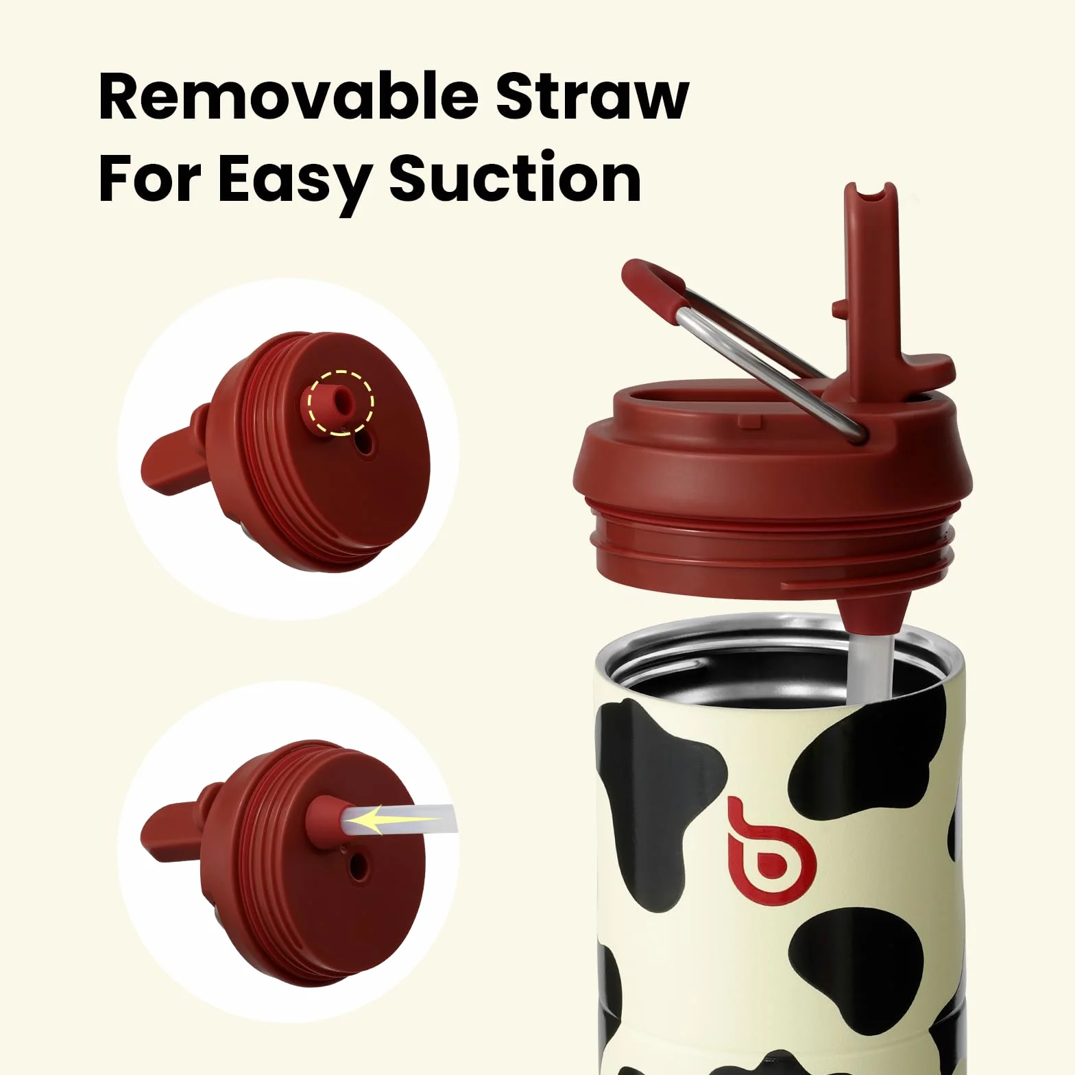 BOTTLE BOTTLE Butelka termiczna 750 ml ze stali nierdzewnej ze słomką i zakrętką – szczelna, bez BPA – do szkoły, podróży i fitnessu (wzór w krowie łaty)