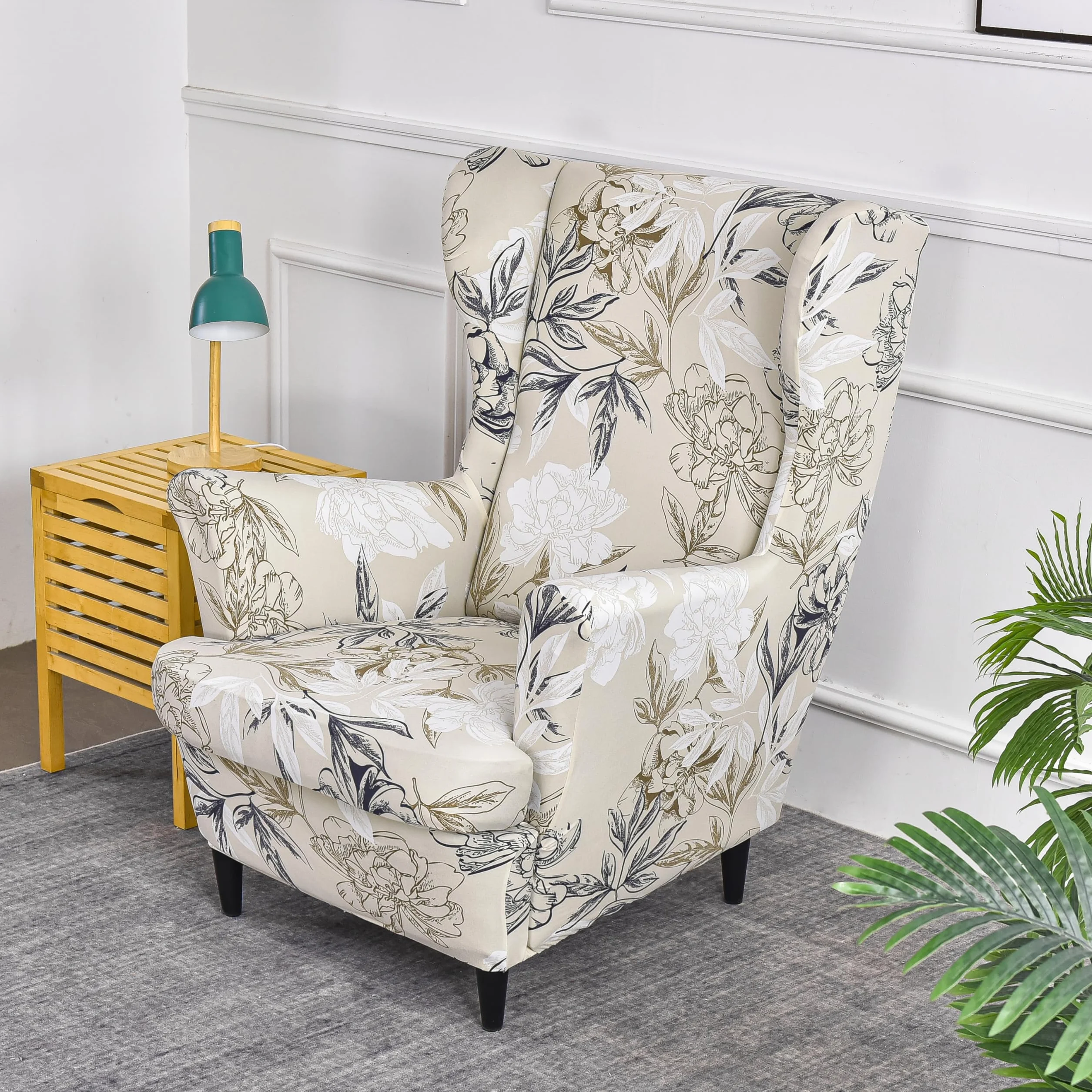 EBETA 2-częściowy pokrowiec na fotel z uszami, elastyczne pokrowce na podłokietniki, pokrowce na fotel relaksacyjny (kwiaty)