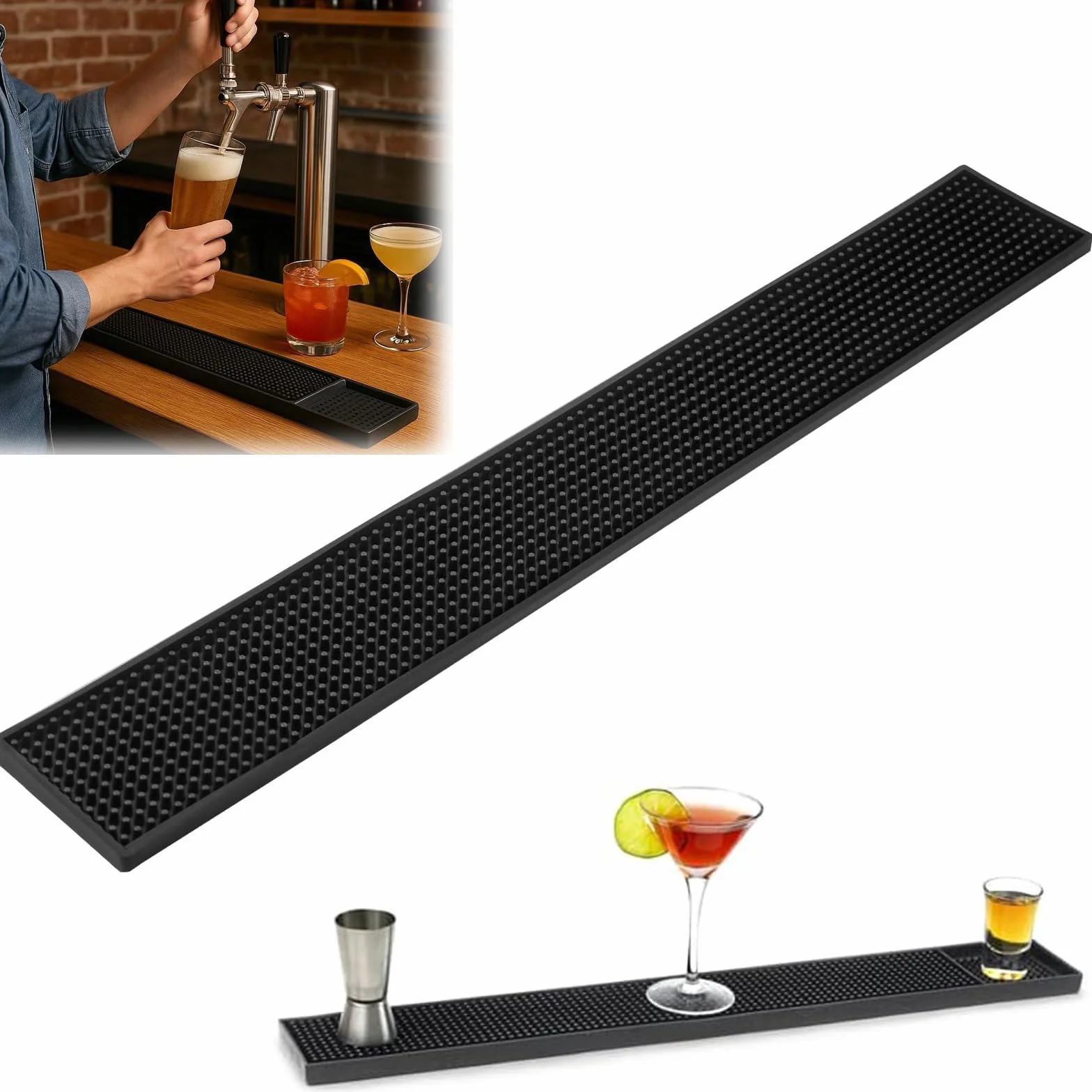 Gumowa mata barowa, 61 cm x 10 cm, silikonowa mata barowa do zlewu, ochrona przed rozpryskami zlewu, antypoślizgowa podkładka odpływowa na blat do kranu kuchennego, blatu łazienkowego, stolika