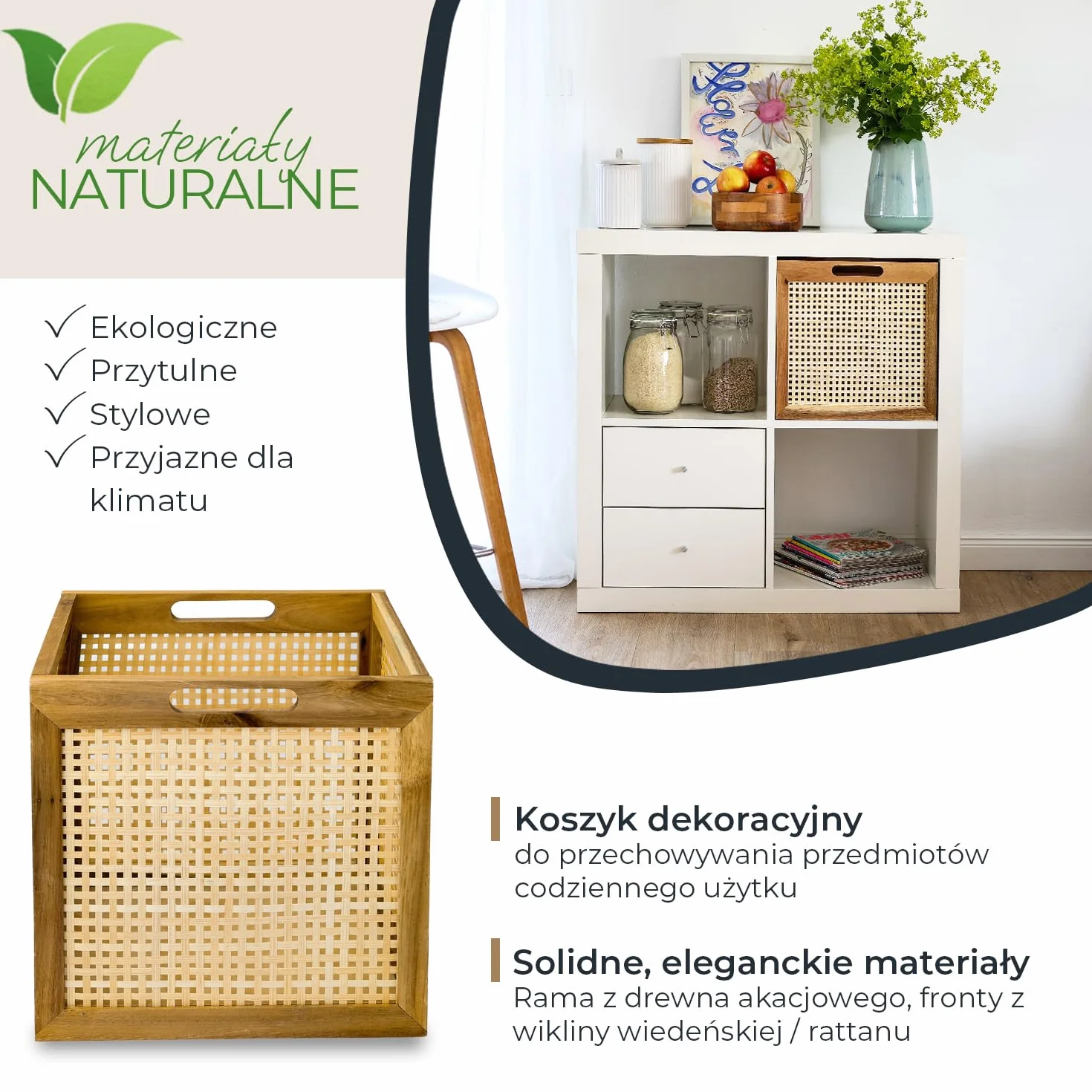 HMF Kosz do przechowywania pasujący do Kallax, rattan plecionka wiedeńska drewno akacjowe 32x34x32 cm