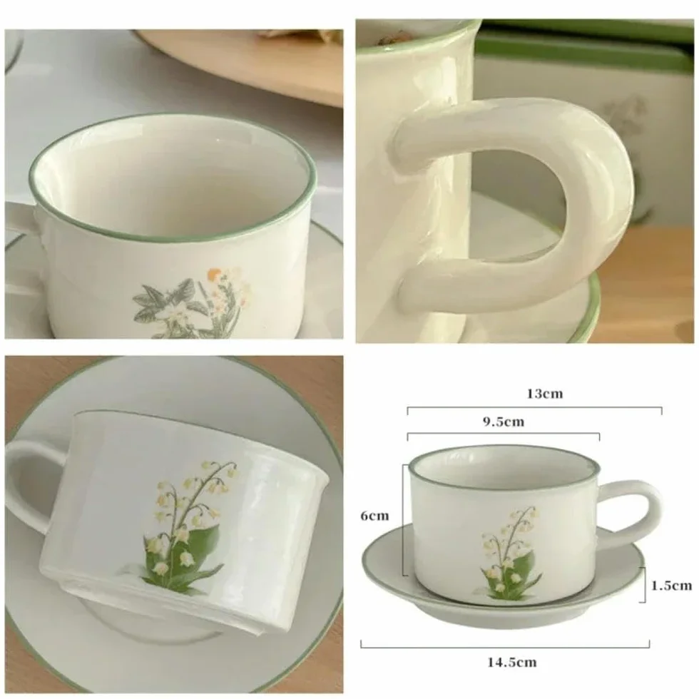 Ceramiczne kubki i spodki 380 ml, zestaw retro z uchwytem, wzór konwalii, luksusowy kubek do herbaty i spodek, kubek na mleko