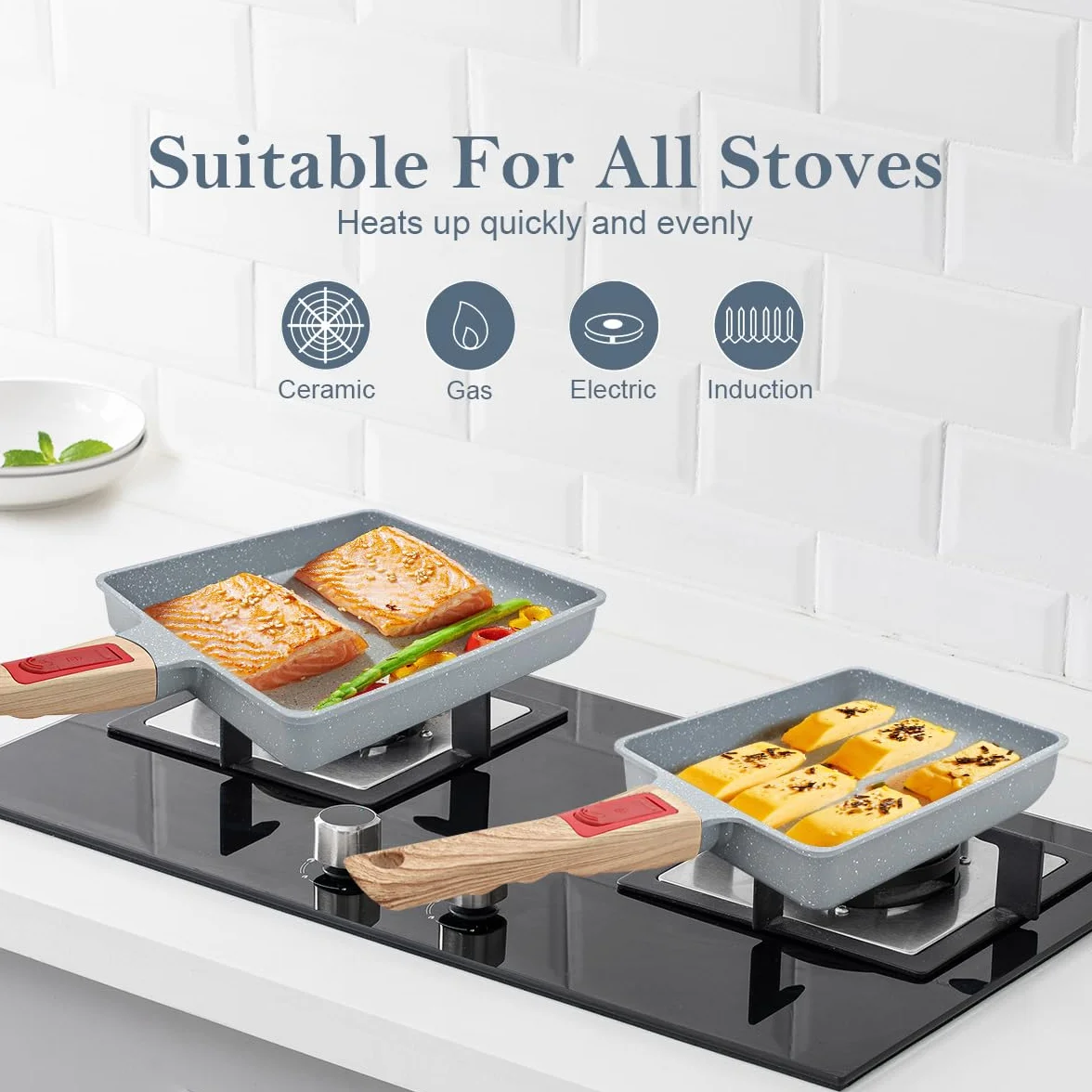 AIKENBBKK Ceramiczna patelnia Tamagoyaki, japońska patelnia do omletów, nieprzywierająca, prostokątna, kwadratowa patelnia do jajek, nieprzywierająca, odłączany uchwyt, bez PFAS i PFOA, nadaje się do