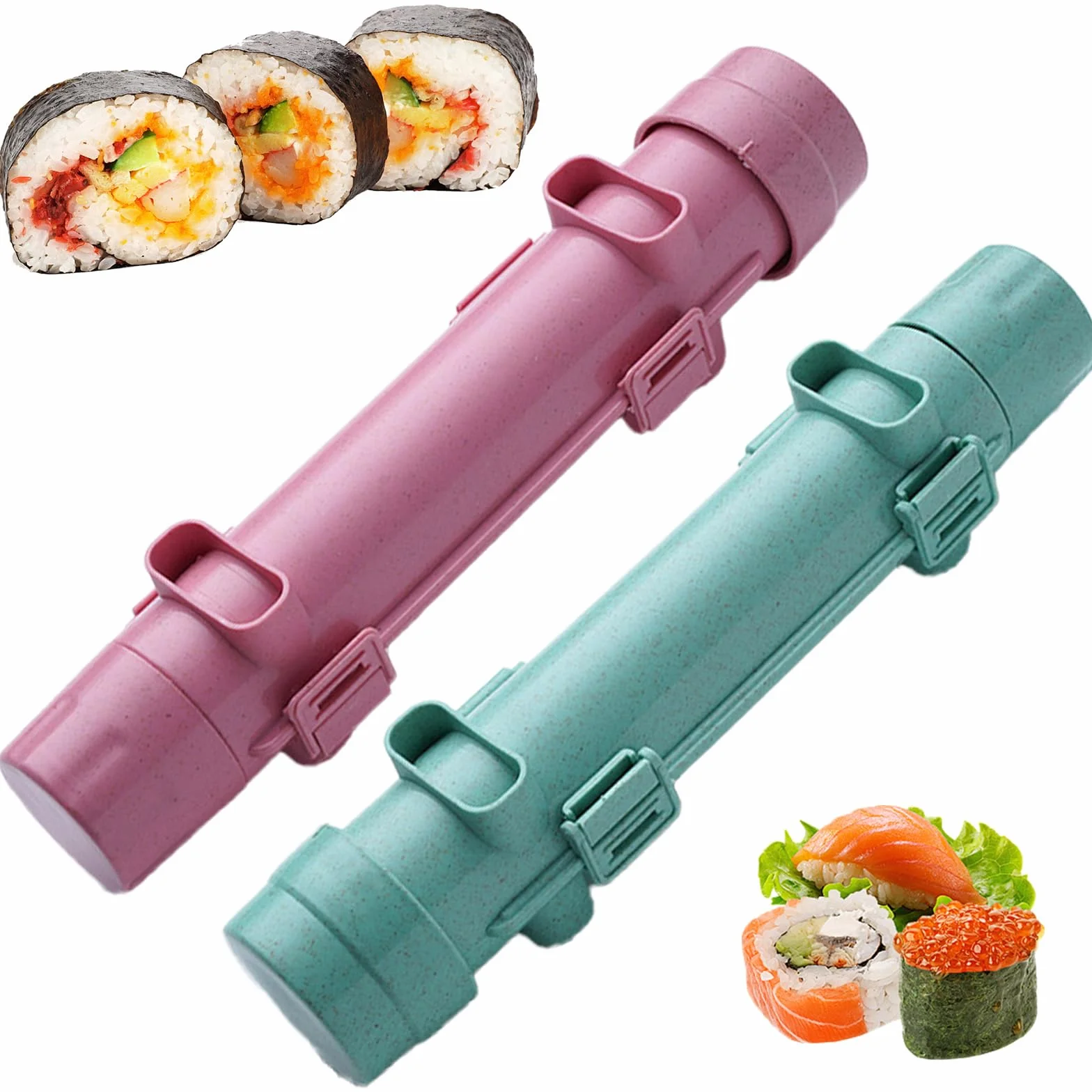 2-częściowy zestaw do sushi w kolorze różowym i zielonym | cylindryczne rolki do sushi i formy | zestaw do sushi "zrób to sam" do domu, na imprezę, piknik, łatwe czyszczenie i szybkie