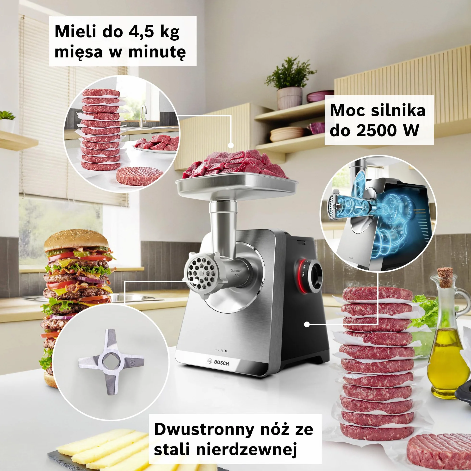 Bosch, MultiPower Serie 8, maszynka do mielenia mięsa, moc blokowania silnika do 2500 W, młynek do mięsa, nasadka do kiełbas i kebbe, czarna, MFWS820M
