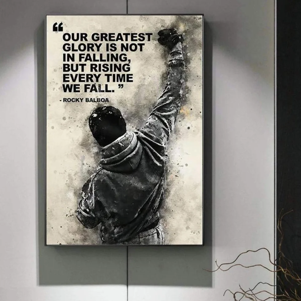 WTYBGDAN Czarno-białe Rocky Balboa pudełka na płótnie, druk plakatów i wydruków, plakat motywacyjny, sztuka ścienna do dekoracji sypialni | 50 x 70 cm / bez ramy