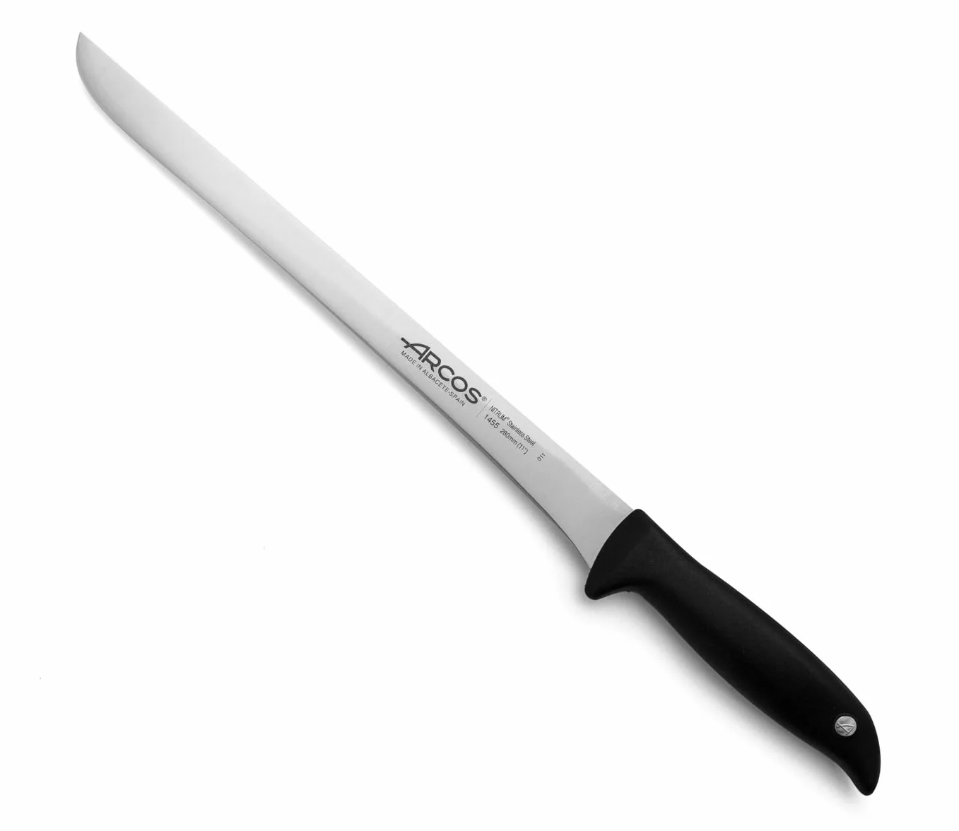 ARCOS Nóż do krojenia/nóż do szynki 28 cm ze stali nierdzewnej azotu i ostrze 280 mm. Bardzo przydatne naczynie idealne do precyzyjnego cięcia kawałków szynki. Seria Menorca. Kolor czarny