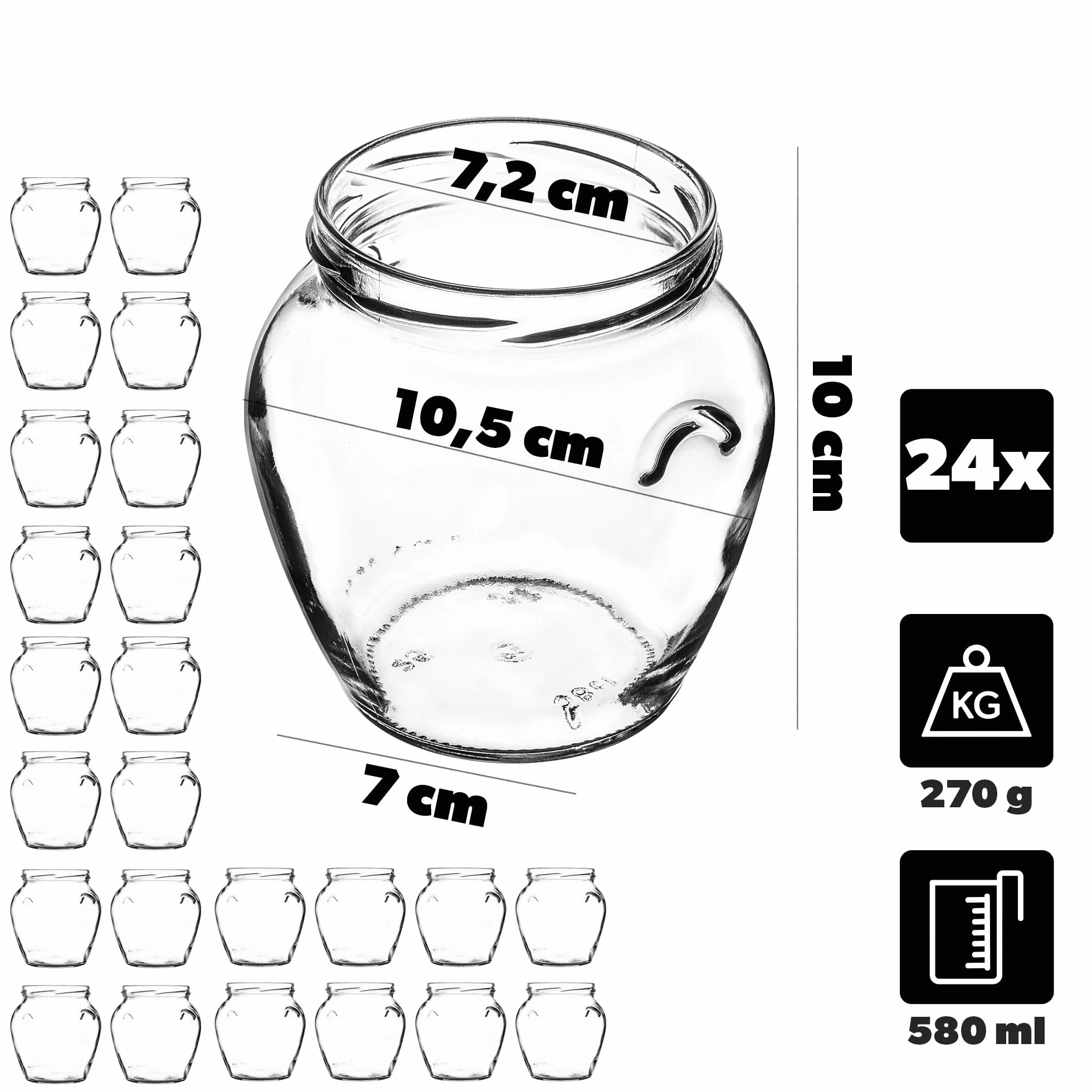 KADAX Zestaw 24 słoików na przetwory 580 ml z czarną zakręcaną pokrywką
