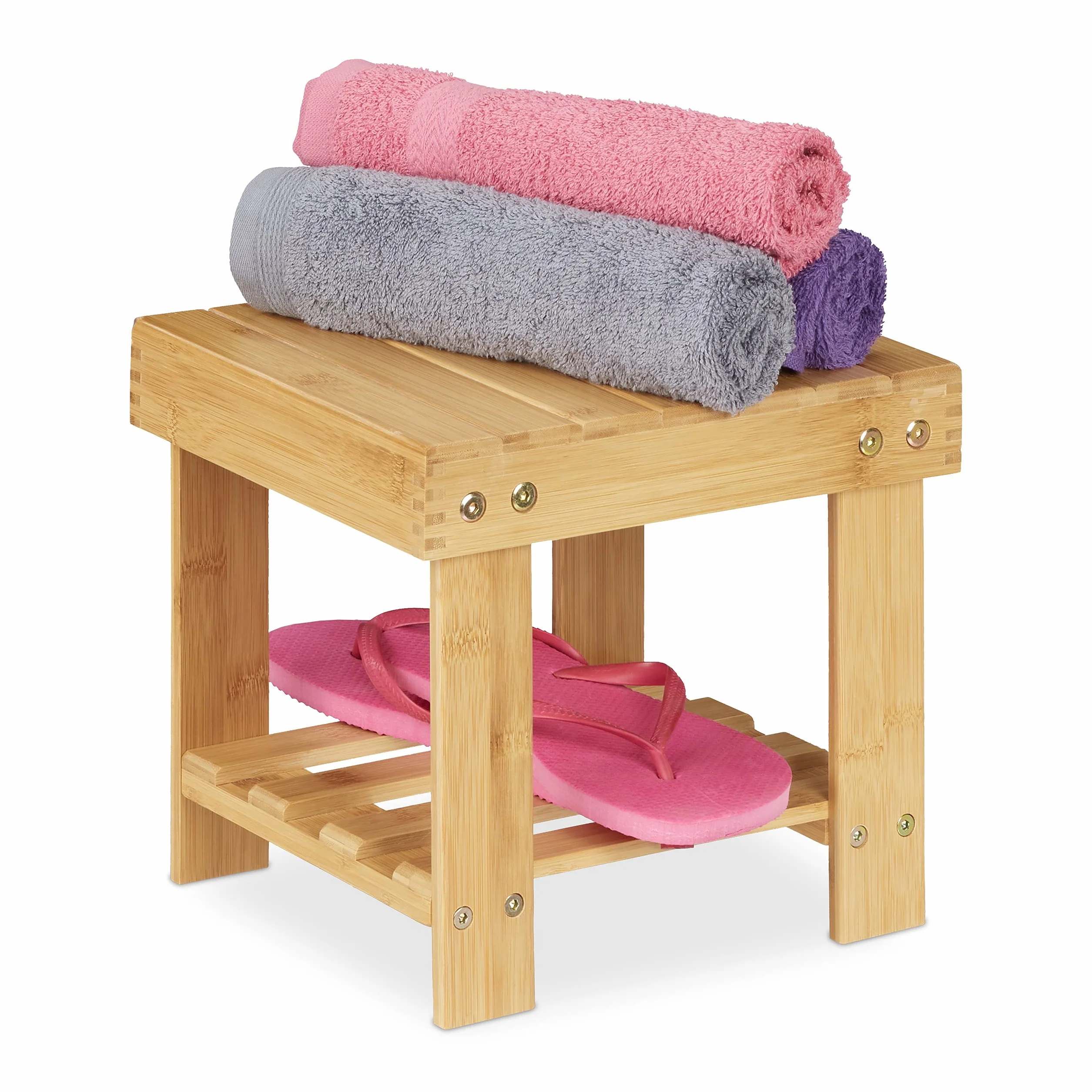 Relaxdays Podnóżek bambusowy, do 100 kg, stabilny podnóżek, taboret dziecięcy, do łazienki, podnóżek, wys. x szer. x gł.: 24,5 x 25 x 27 cm, naturalny