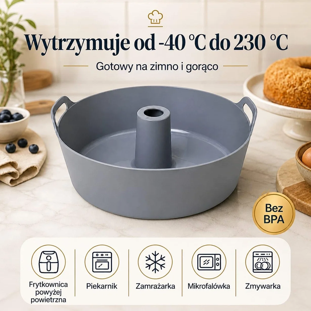 Forma silikonowa do pieczenia 18 cm do airfryera i piekarnika – bez BPA – forma do babki Moljaus – akcesoria do frytkownicy beztłuszczowej