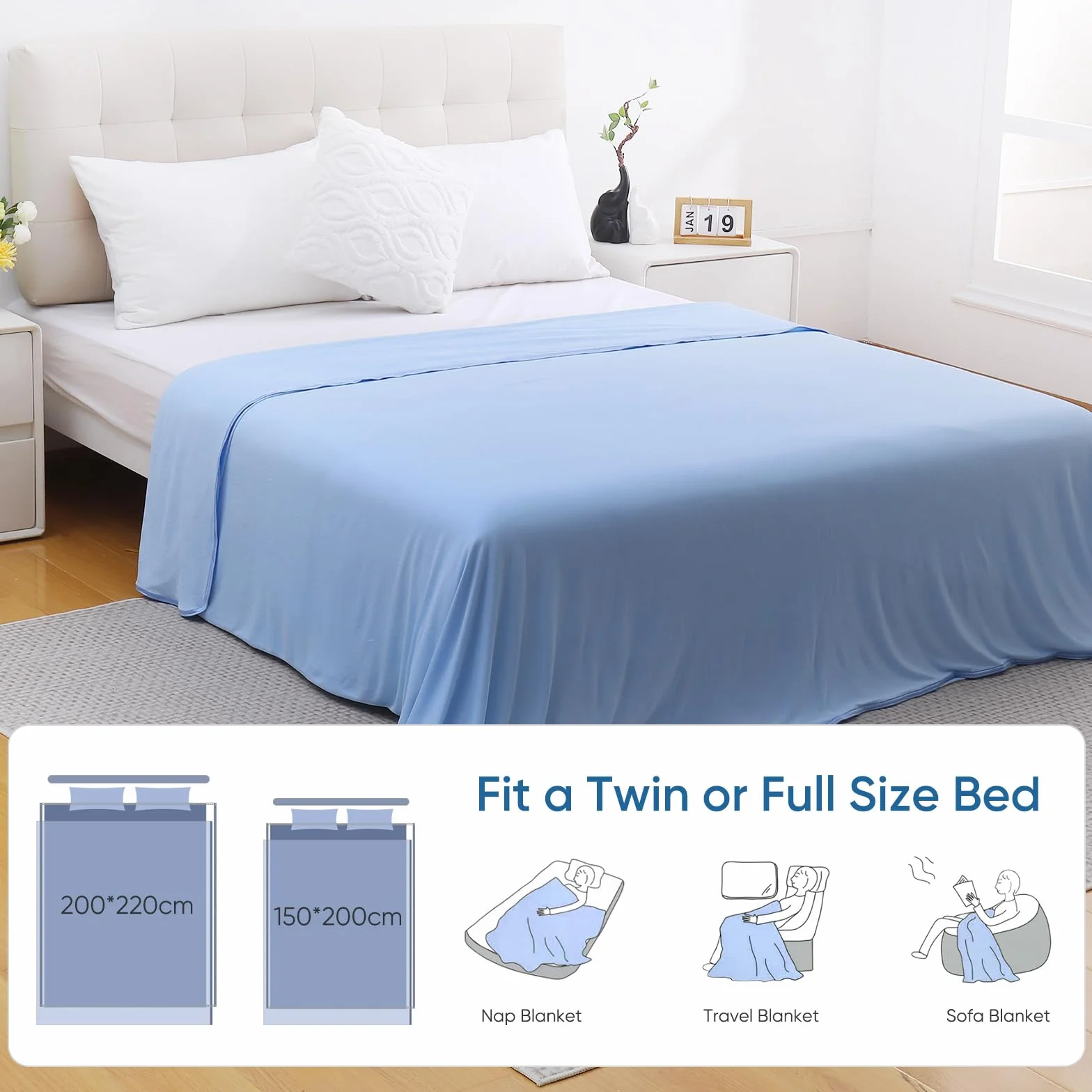 Marchpower Koc chłodzący,bambusowy,rozmiar queen-size,Arc-Chill Q-MAX>0,34, chłodzące włókno, lekki, letni, luksusowy, pochłania ciepło, na nocne poty, oddychający i miękki, na cały sezon, niebieski