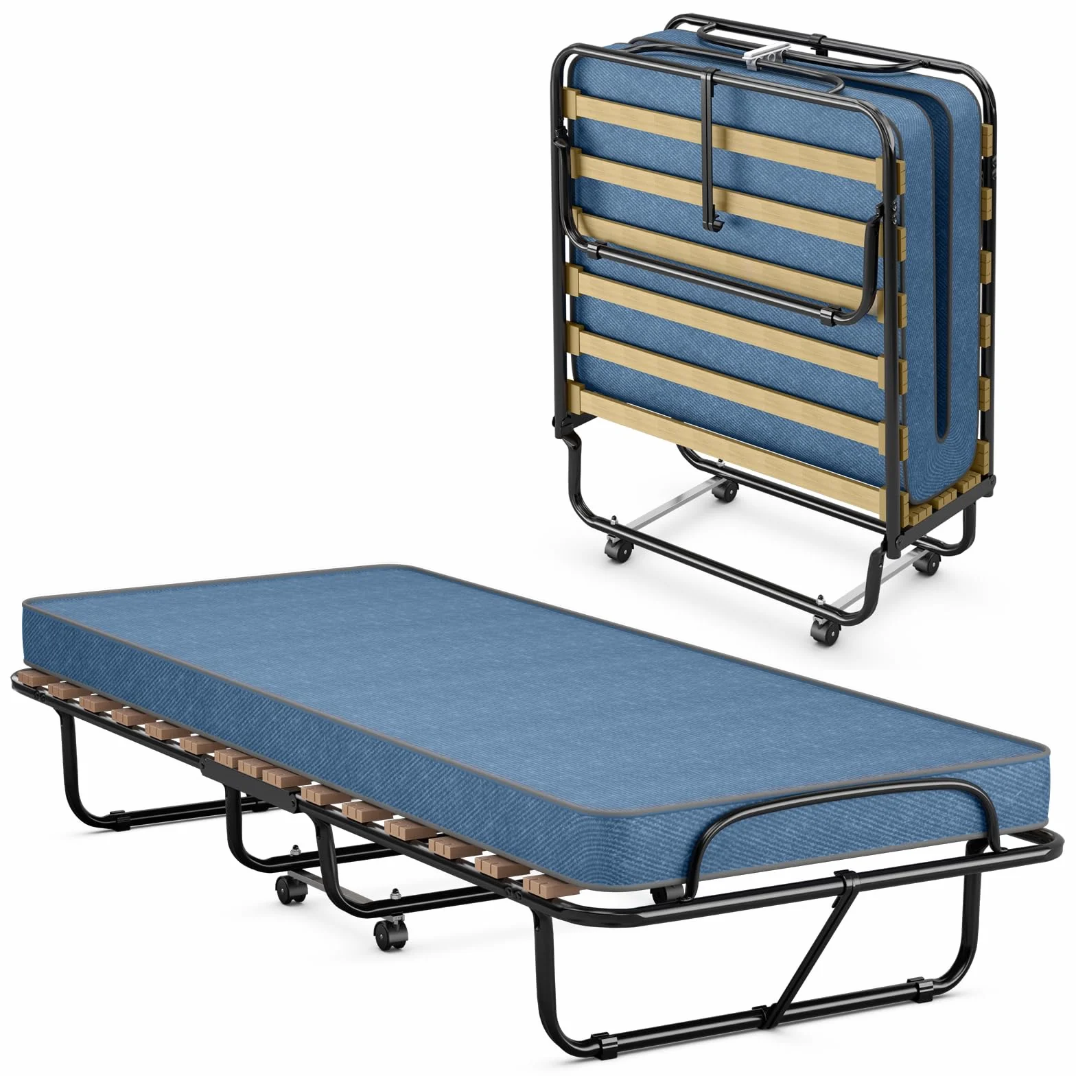 COSTWAY Łóżko dla gości 80 x 190 cm z materacem z pianki memory, składane łóżko pojedyncze, stabilne metalowe łóżko do 130 kg, na kółkach, do biura, pokoju gościnnego, łóżko przenośne (niebieskie)