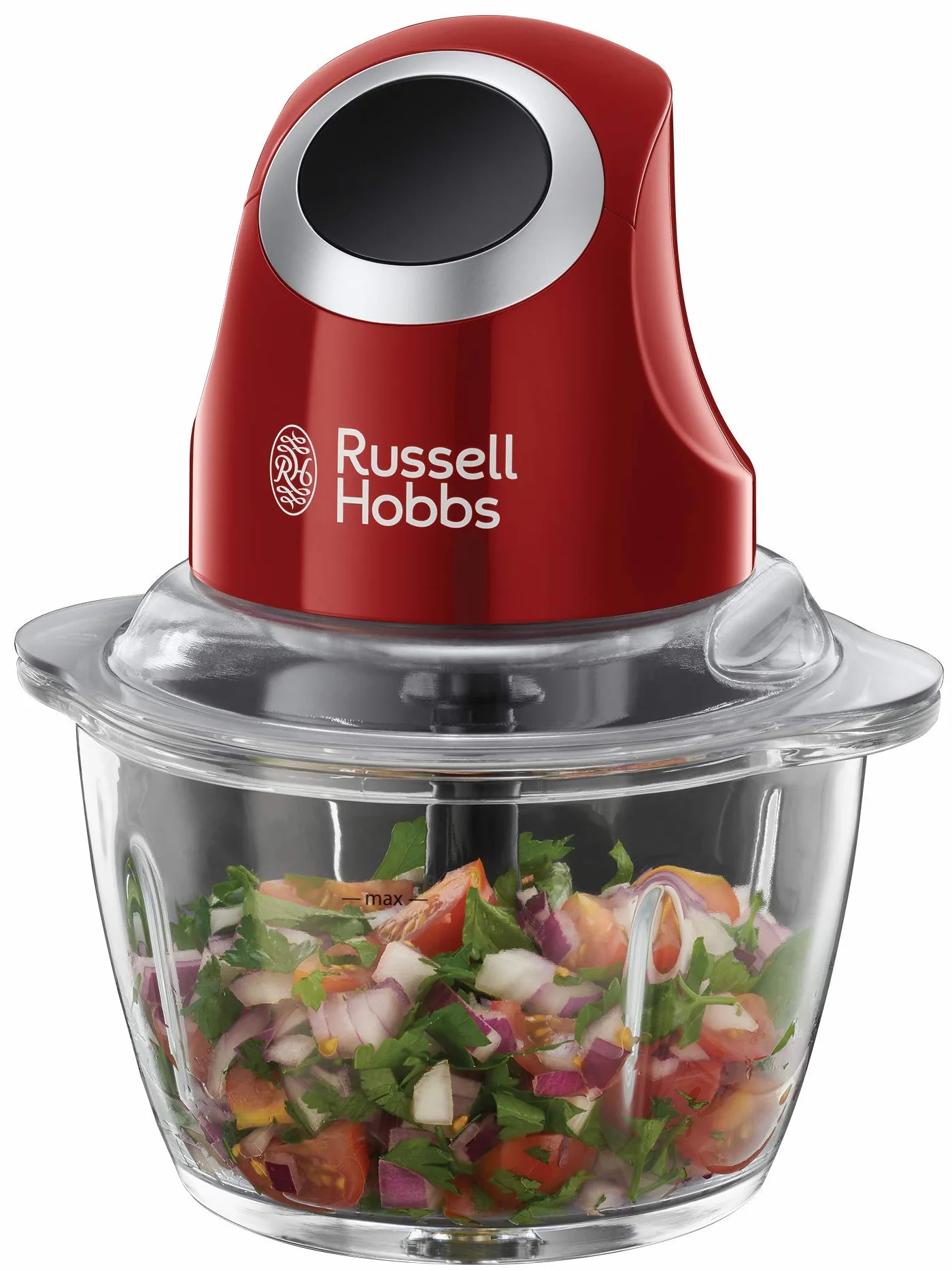 Russell Hobbs rozdrabniacz do warzyw, funkcja rozdrabniania, dwuskrzydłowe ostrza, ostrza ze stali nierdzewnej, szklany pojemnik, pojemność 0,5l, moc 200W, czerwony, Desire 24660-56