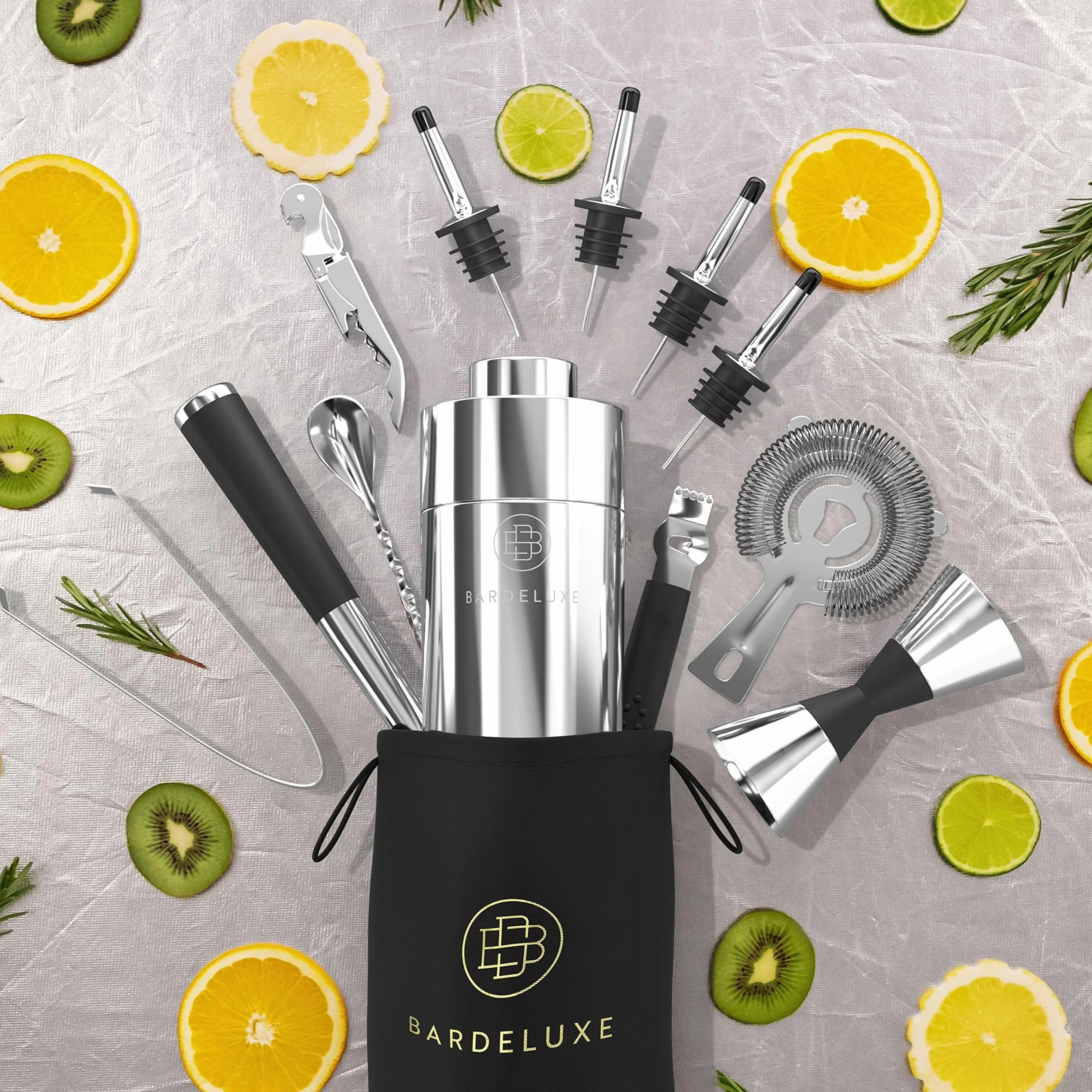 BarDeluxe® Zestaw Barmanski, 12-częściowy, Zestaw Koktajlowy, Shaker do Koktajli 750 ml | W Zestawie Eleganckie Pudełko Upominkowe, Torba do Przechowywania i Książka z Przepisami (Srebro)