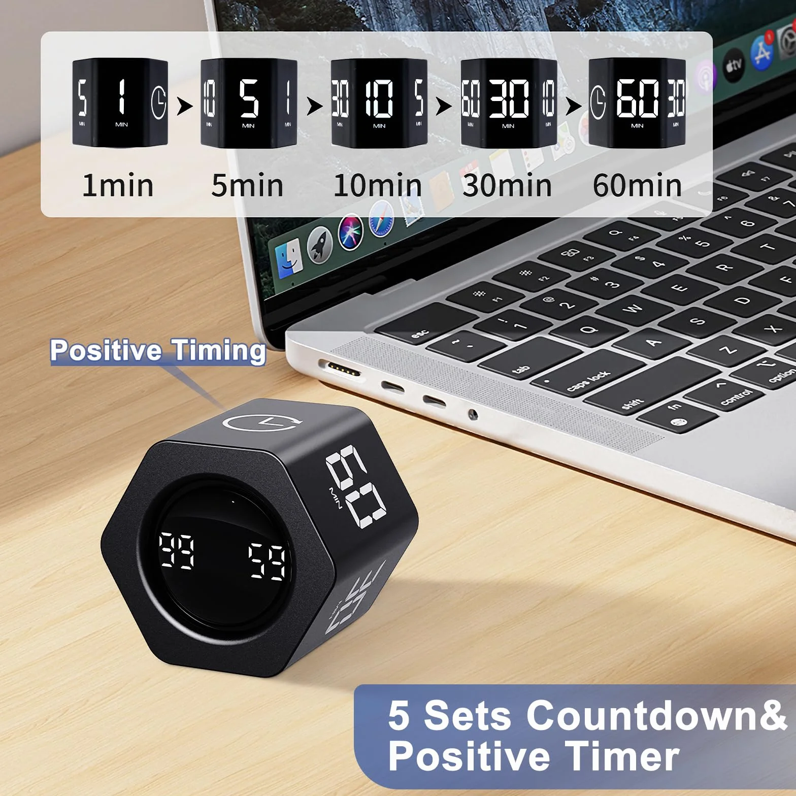 Cuteefun Cube Timer, sześciokątny cyfrowy zegar obrotowy, 1-5-10-30-60 min, cichy, wibracyjny, regulacja głośności, czarny