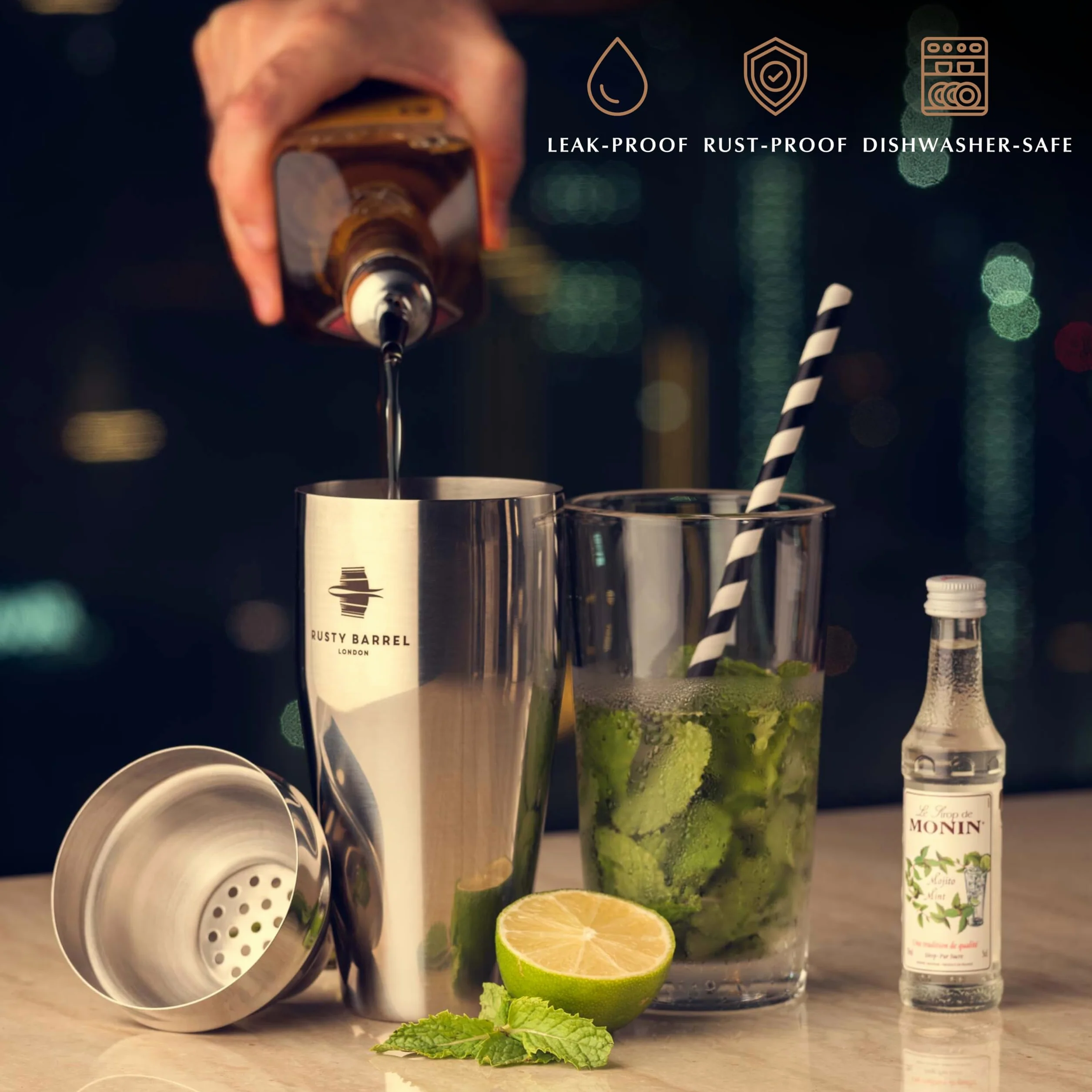 Zestaw Barmański Rusty Barrel Mayfair | Zestaw Barowy do Koktajli z Szejkerem do Drinków i Akcesoriami Barmańskimi | Shaker do Koktajli | Profesjonalny Zestaw Barmański w Opakowaniu Prezentowym