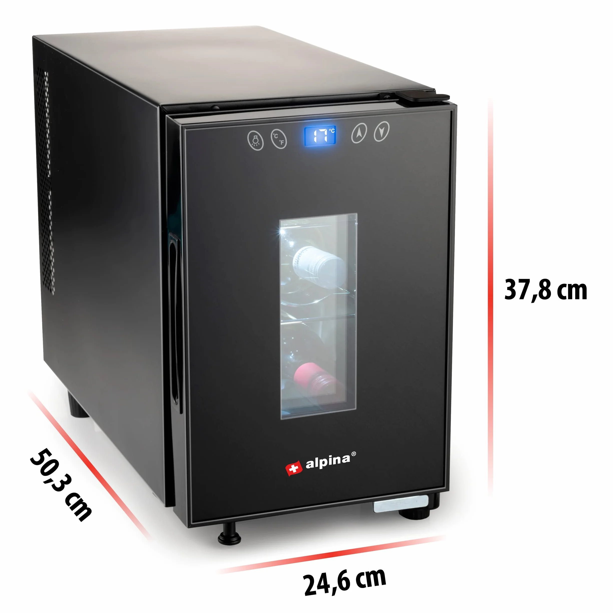 alpina Chłodziarka na wino 18 l – chłodziarka do wina na 6 butelek – chłodziarka do butelek 230 V – regulacja temperatury od 11°C do 18°C – szklane drzwi i oświetlenie wewnętrzne – cicha praca –
