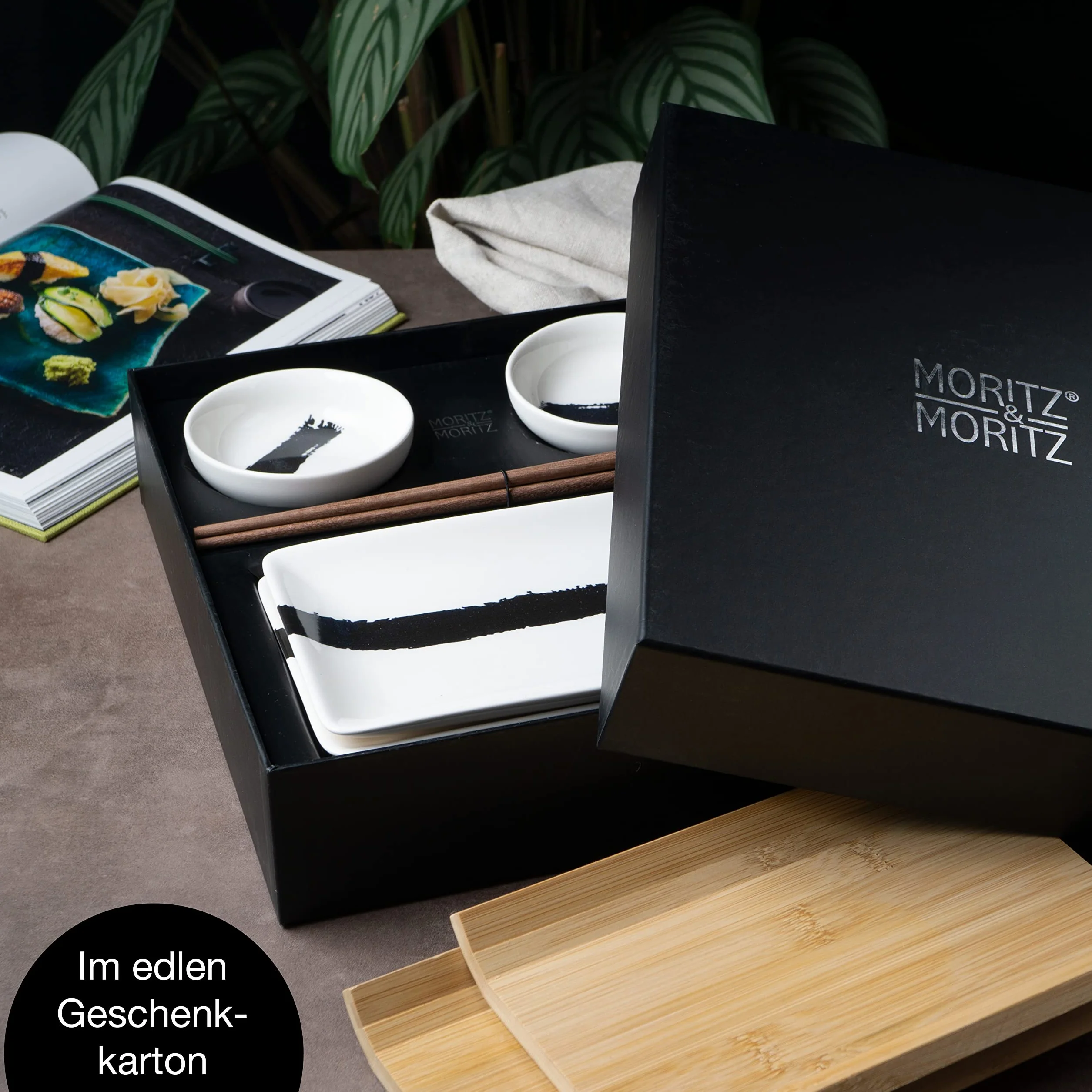 Moritz & Moritz 8-częściowy zestaw naczyń do sushi dla 2 osób – zestaw do serwowania sushi z 2 talerzami do sushi, miseczkami do dipów i pałeczkami