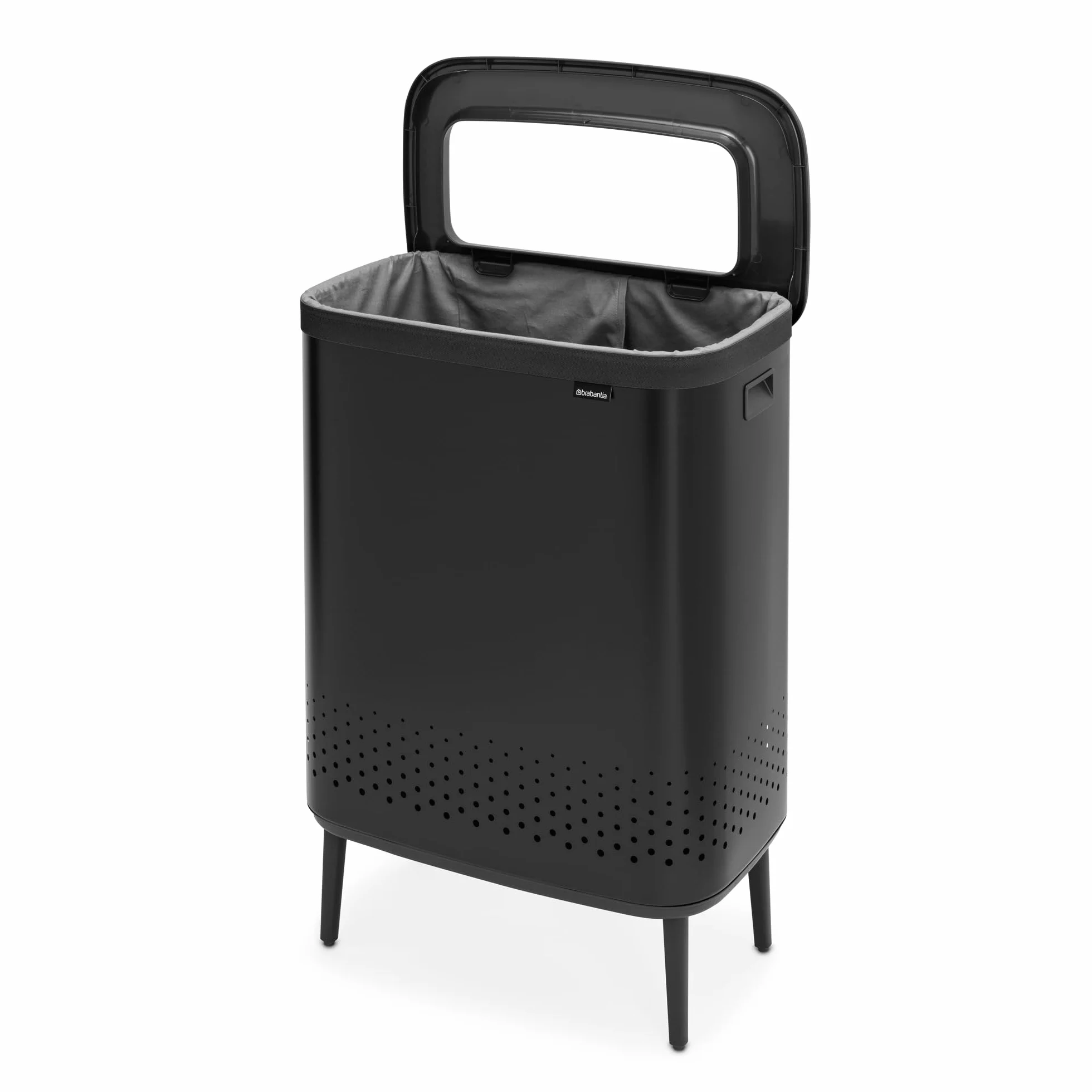 Brabantia - Kosz na pranie Hi 2x45L - Kosz na brudne ubrania - 2 komory - Pokrywa z szybkim otwieraniem - Zdejmowana bawełniana torba - Przenośny i higieniczny - Do sypialni i łazienki - Matt Black