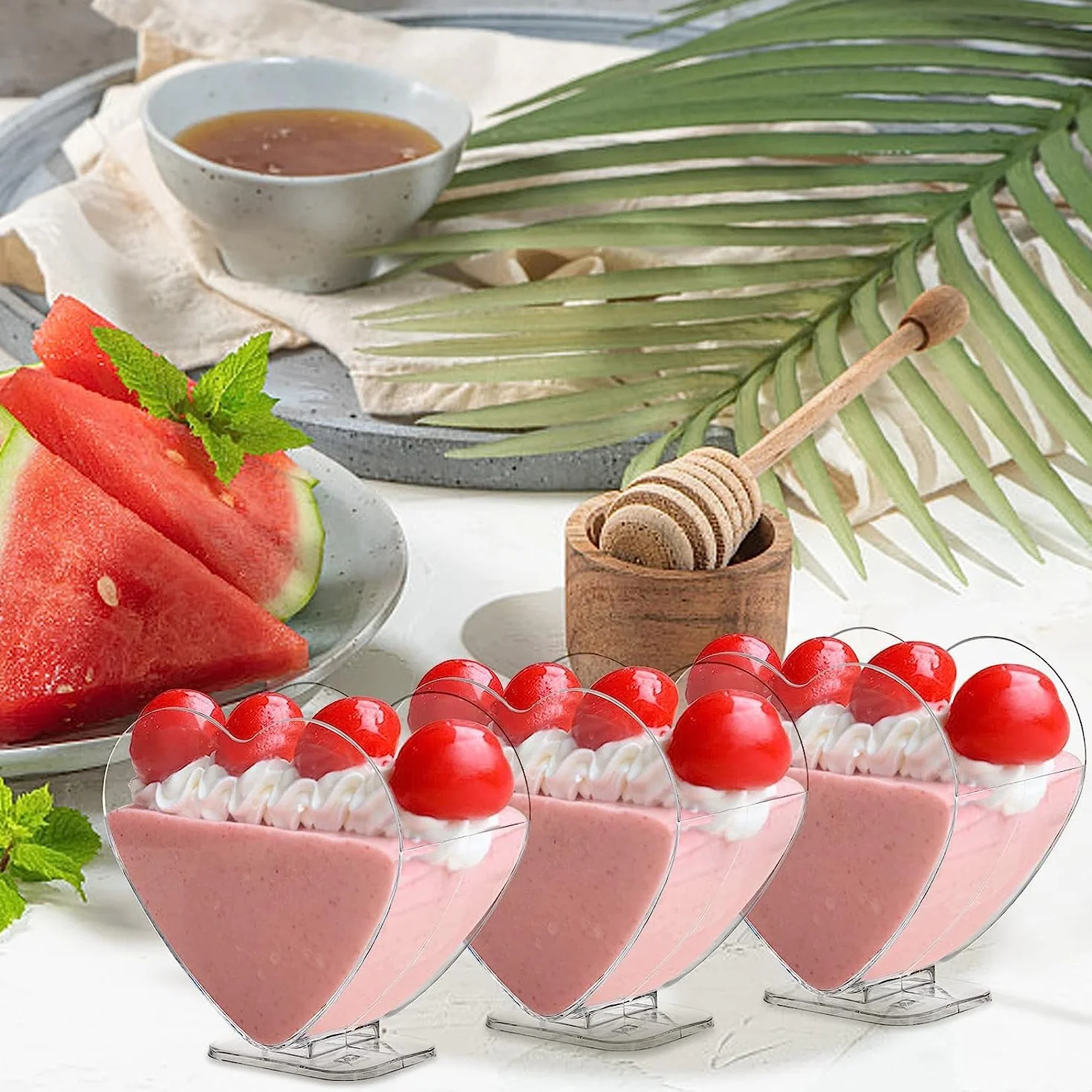 LATERN Plastikowe kubki deserowe, 120 ml, w kształcie serca, przezroczyste parfait, do przystawek, wielokrotnego użytku, na deser, pudding, mus, imprezę, 7,6 x 7,1 cm, 50 szt