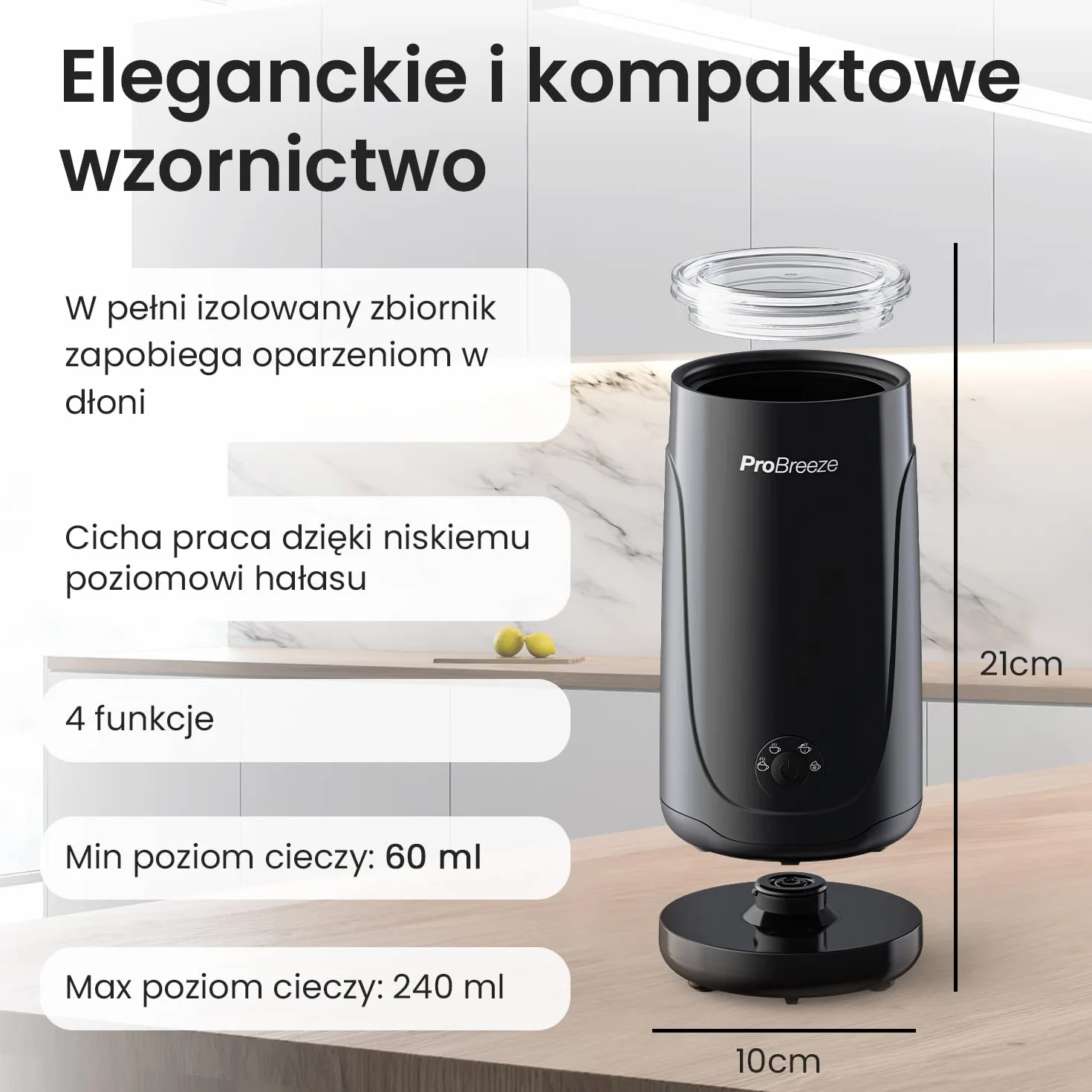 ProBreeze Elektryczny Spieniacz do Mleka 4w1 na Ciepło i Zimno, Podgrzewacz Ubijacz, Mikser do Śmietanki, Cichy, do Kawy Cappuccino Frappe Gorącej Czekolady, Czarny