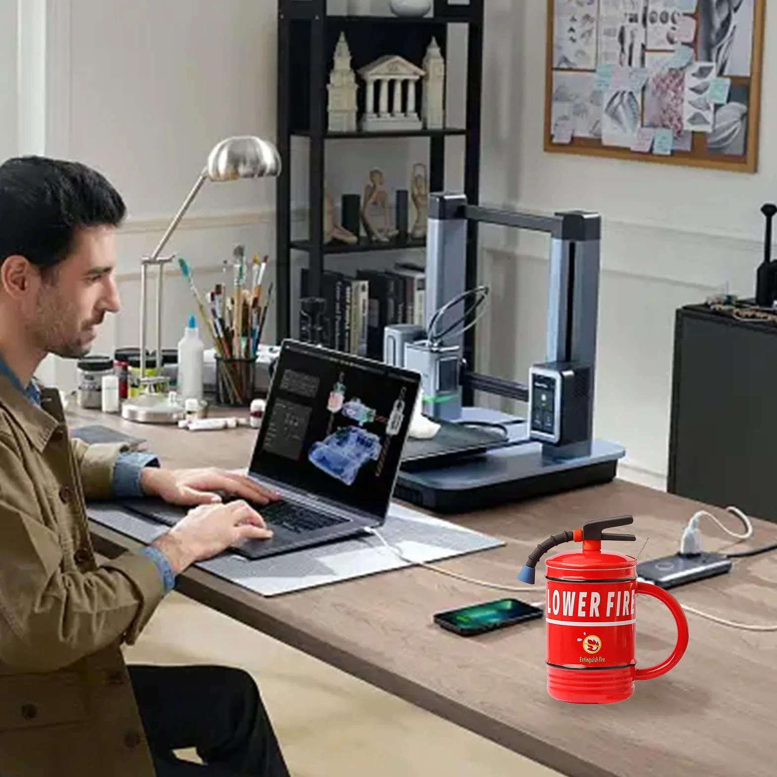 Filiżanka z gaśnicą, spersonalizowana, ceramiczna filiżanka do kawy z pokrywką i łyżeczką, zabawny kubek do cappuccino, kreatywne filiżanki 3D, filiżanki do herbaty, na napoje, kubek na wodę, prezent