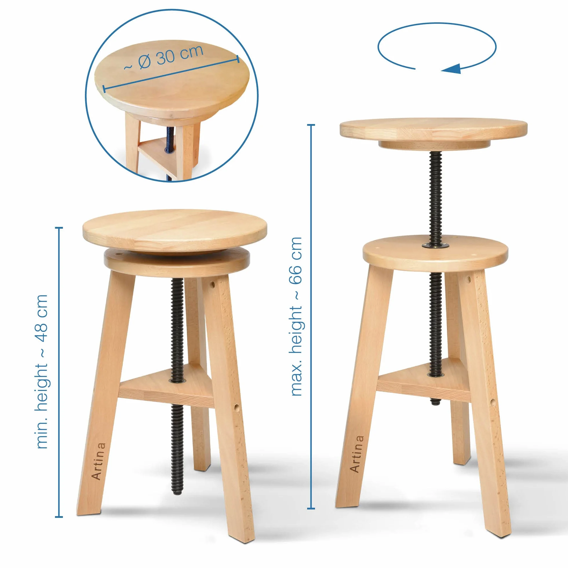Artina Malhocker Arles Ø 30 cm powierzchnia siedziska, taboret obrotowy drewniany z regulacją wysokości 48-66 cm - okrągły taboret artystyczny obrotowy o 360 stopni i wytrzymały, drewno bukowe