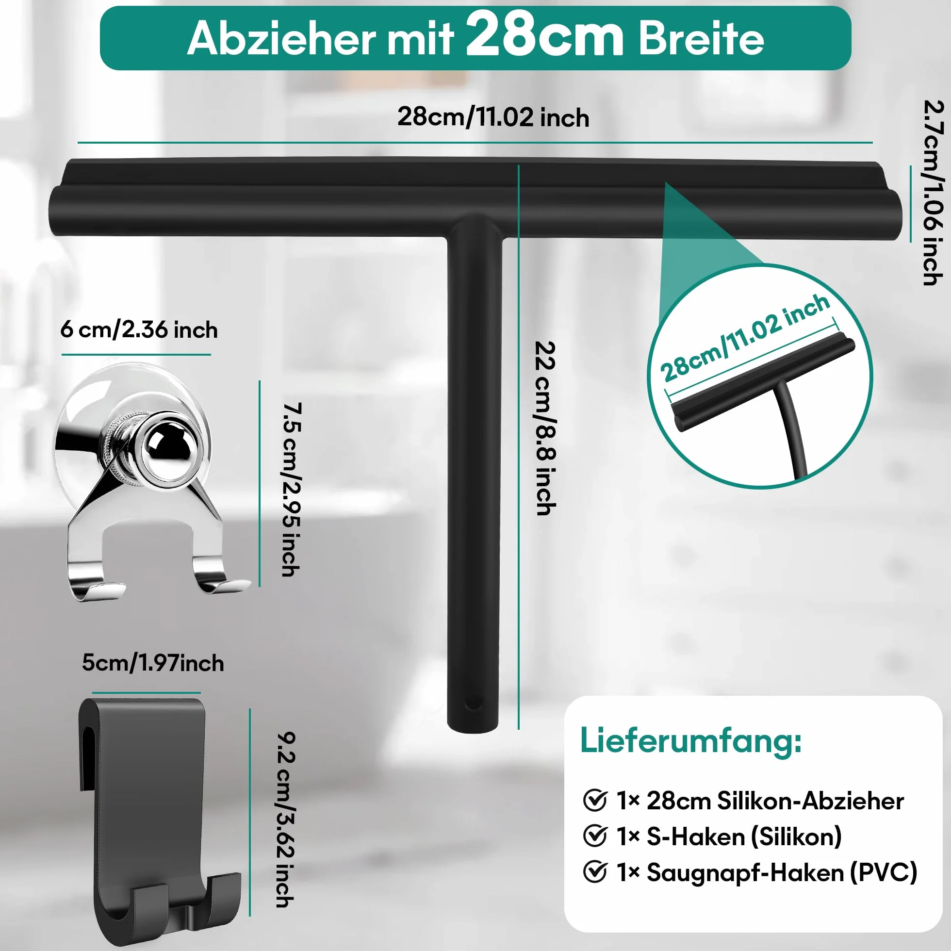 Shower Squeegee ściągaczka prysznicowa, 28 cm, silikonowa, szeroka, czarna – ściągaczka do prysznica i łazienki z uchwytem, bez wiercenia, ściągacz do okien z przyssawką i hakiem