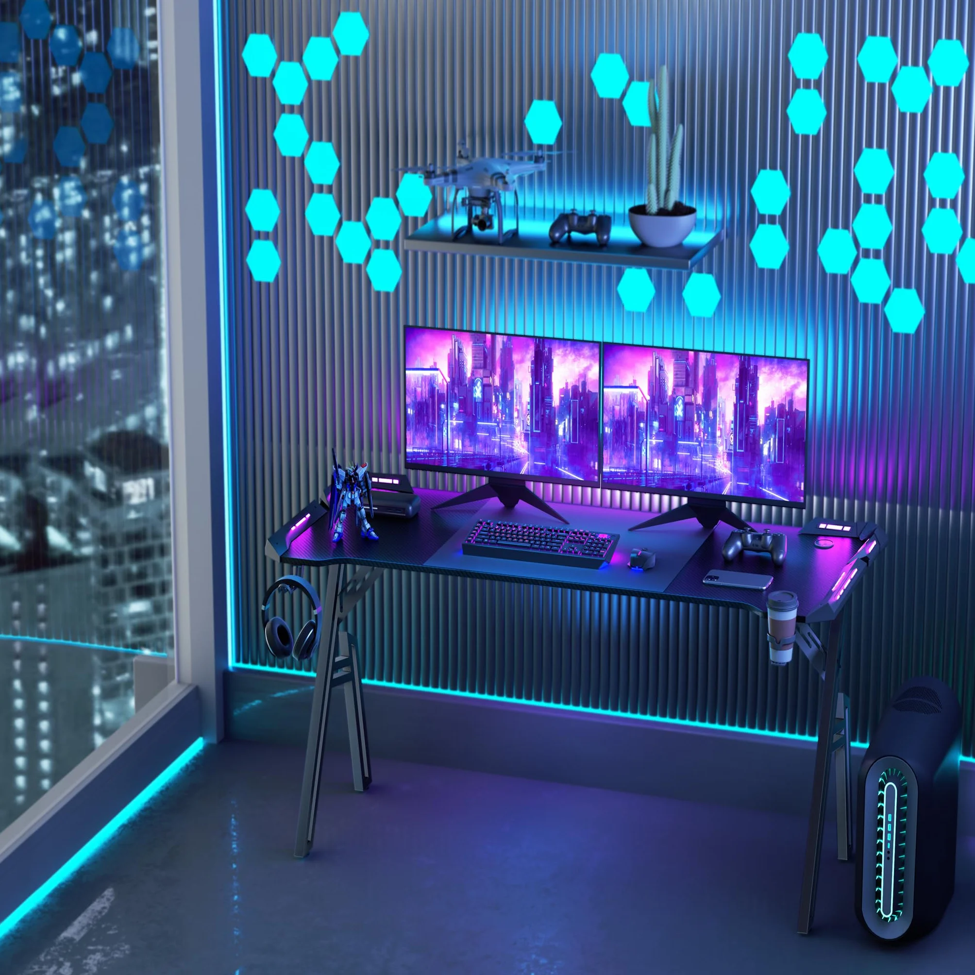 UISEBRT Biurko gamingowe, 120 x 60 cm, powierzchnia z włókna węglowego w kształcie litery A, biurko komputerowe z oświetleniem RGB LED, ergonomiczne biurko narożne z hakiem na słuchawki i uchwytem na