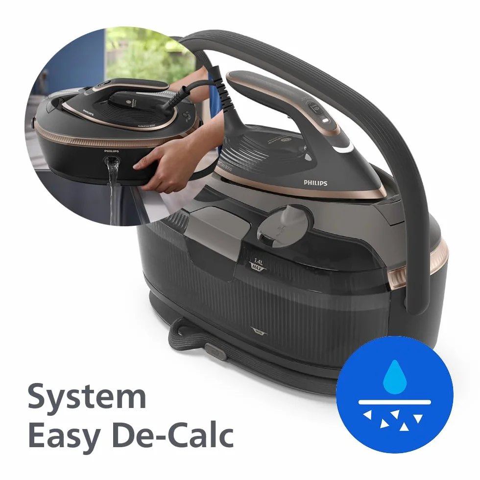 Philips Generator Pary PerfectCare serii 8000 - Strumień pary 215 g/min, Łatwe Przenoszenie i Przechowywanie, OptimalTEMP, SteamGlide Elite, 1,4L, Easy De-Calc, Gwarancja Braku Przypaleń (PSG8200/80)