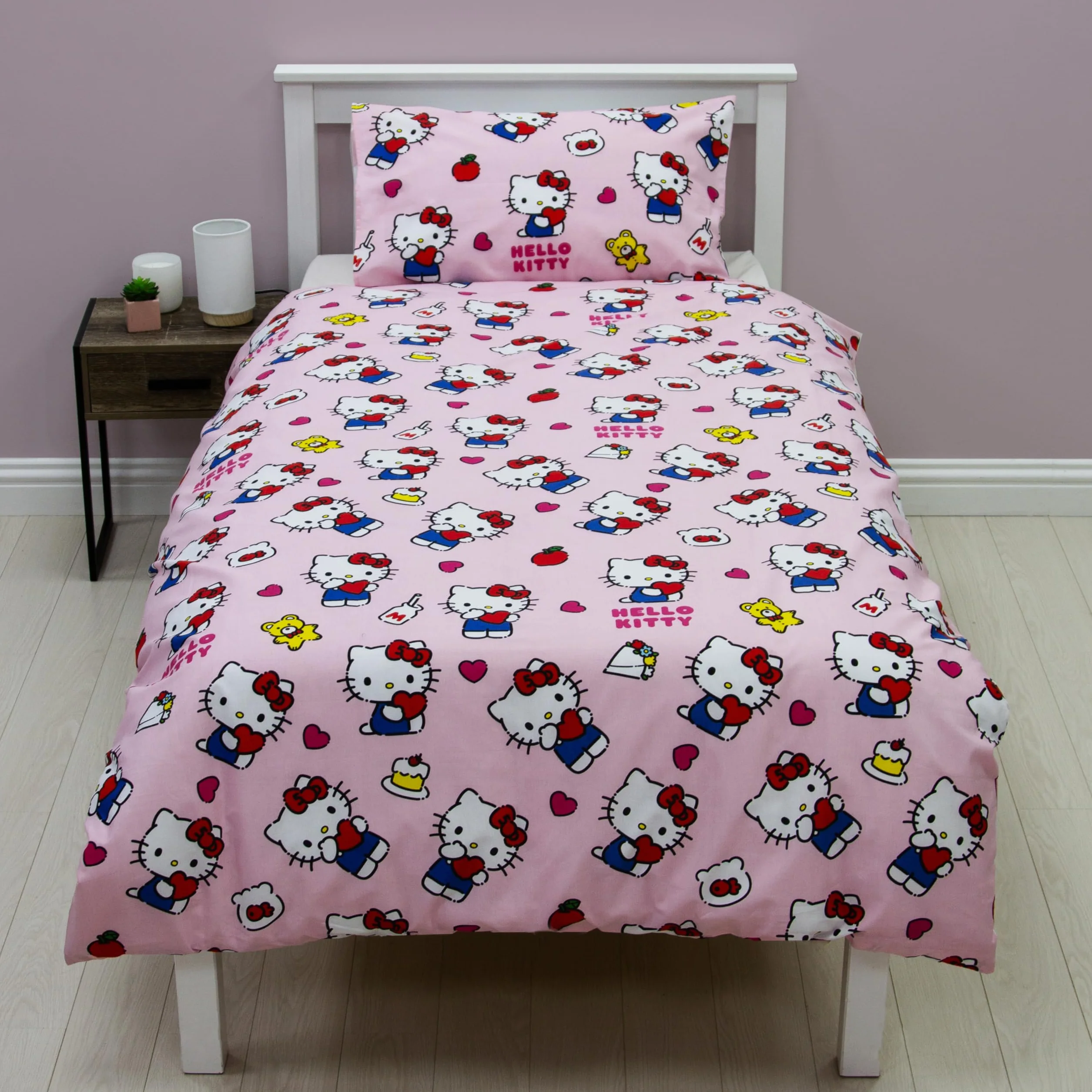 Hello Kitty oficjalnie licencjonowany zestaw poszewek na kołdrę Hello Design, dwustronna dwustronna pościel dla kota z pasującą poszewką na poduszkę, idealna do sypialni dziecięcej, bawełna