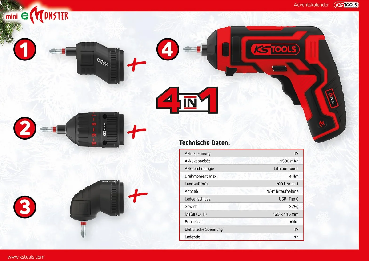 KS Tools 515.6699 kalendarz adwentowy z mini eMONSTER zestaw wkrętarek akumulatorowych 31-częściowy