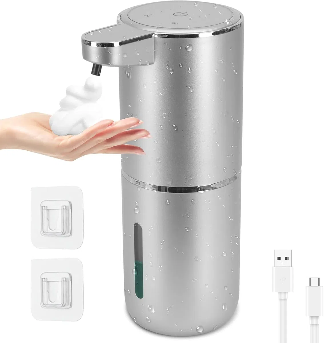 Dozownik mydła 380 ml, automatyczny, ścienny, bez wiercenia, wodoszczelny, elektryczny dozownik mydła z czujnikiem podczerwieni, srebrny